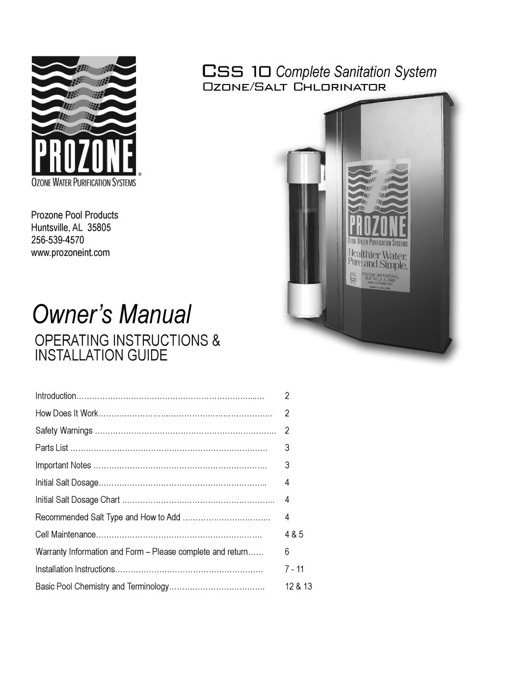 Prozone Pool Products owner manual CSS10 Complete Sanitation System 