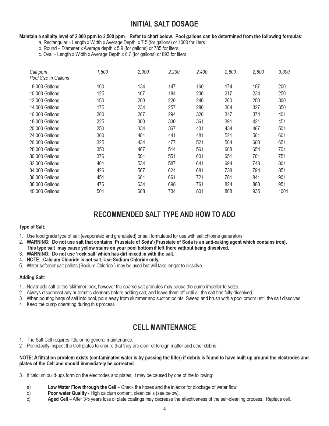 Prozone Pool Products CSS10 Initial Salt Dosage, Recommended Salt Type and HOW to ADD, Cell Maintenance, Type of Salt 