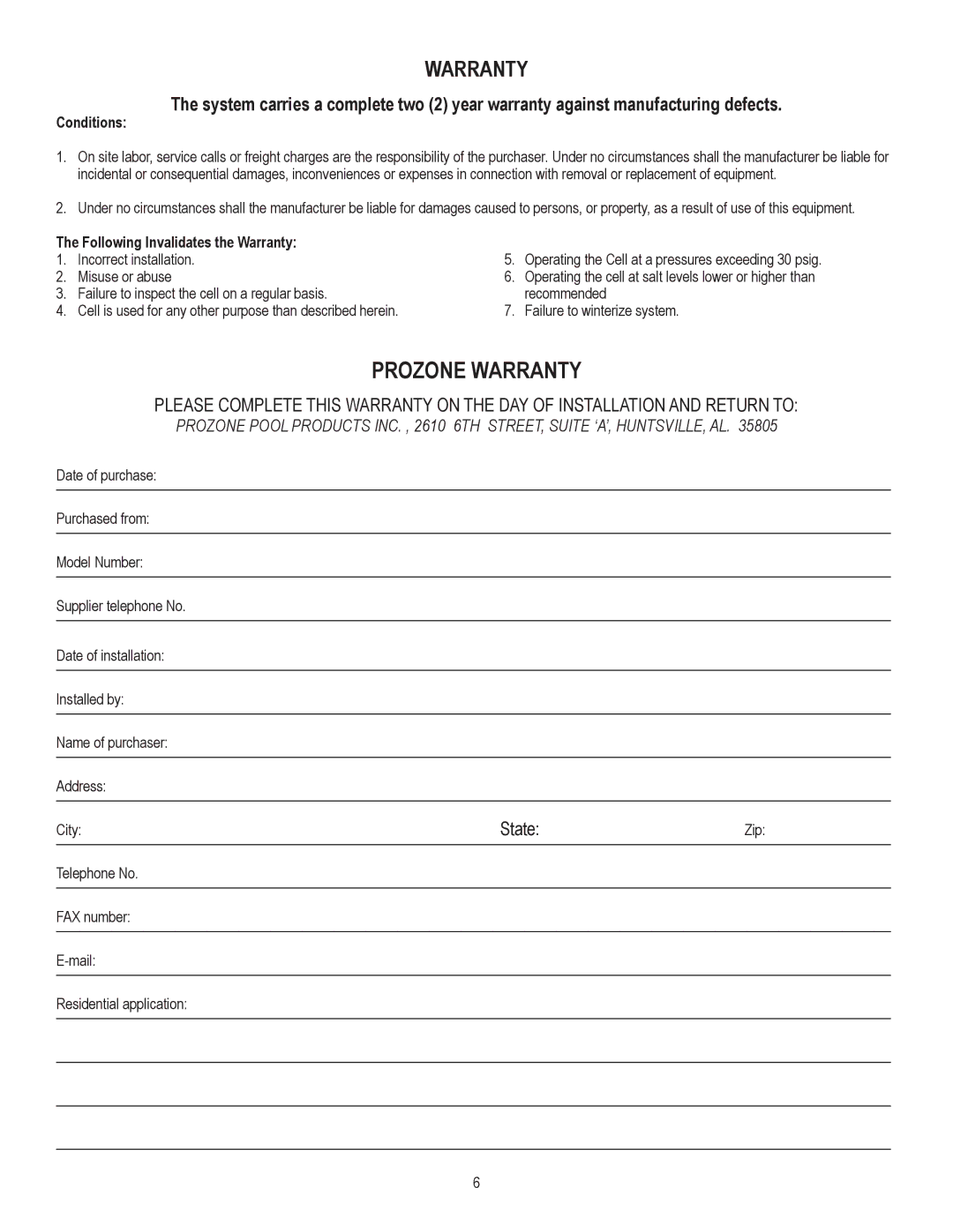 Prozone Pool Products CSS10 owner manual Conditions, Following Invalidates the Warranty 