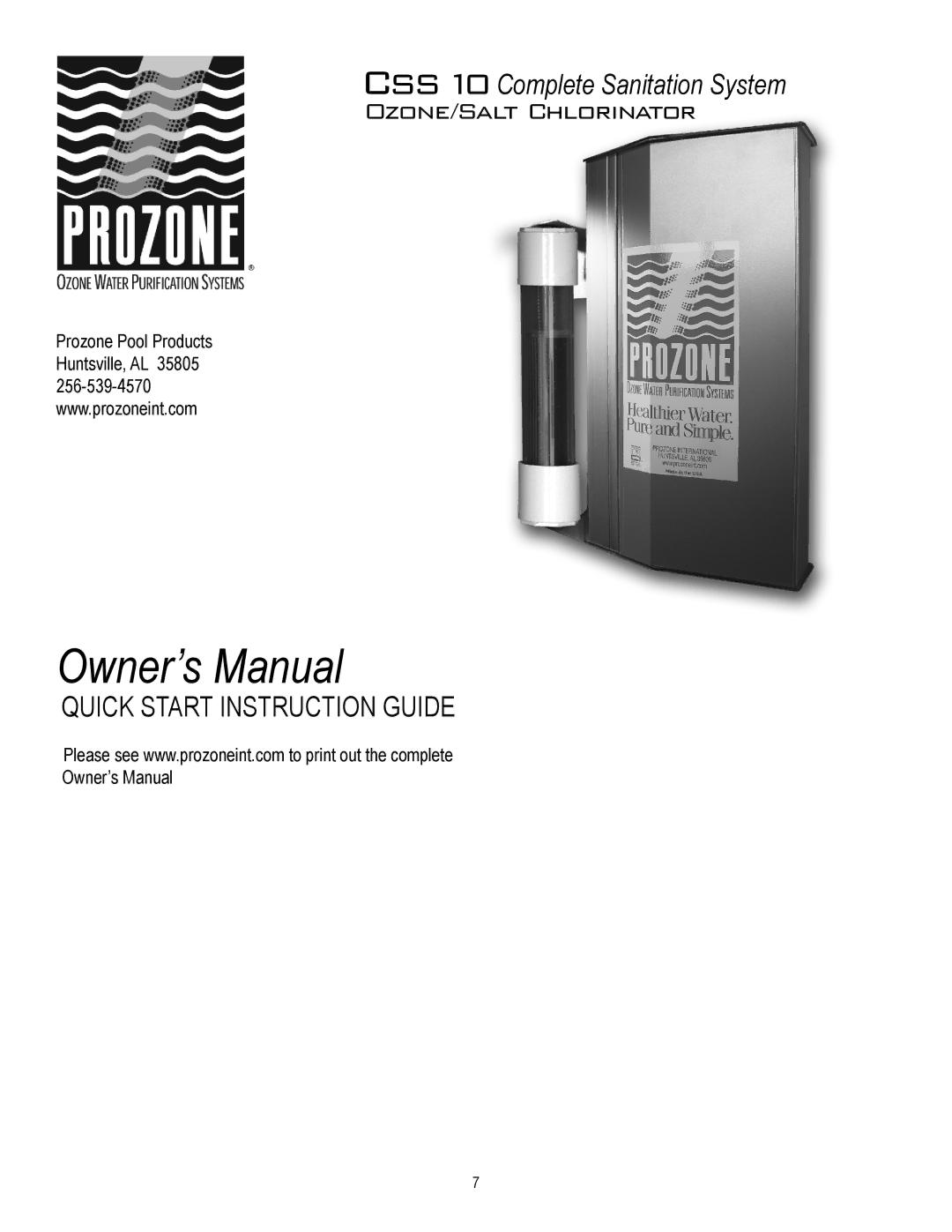 Prozone Pool Products CSS10 owner manual Quick Start Instruction Guide 