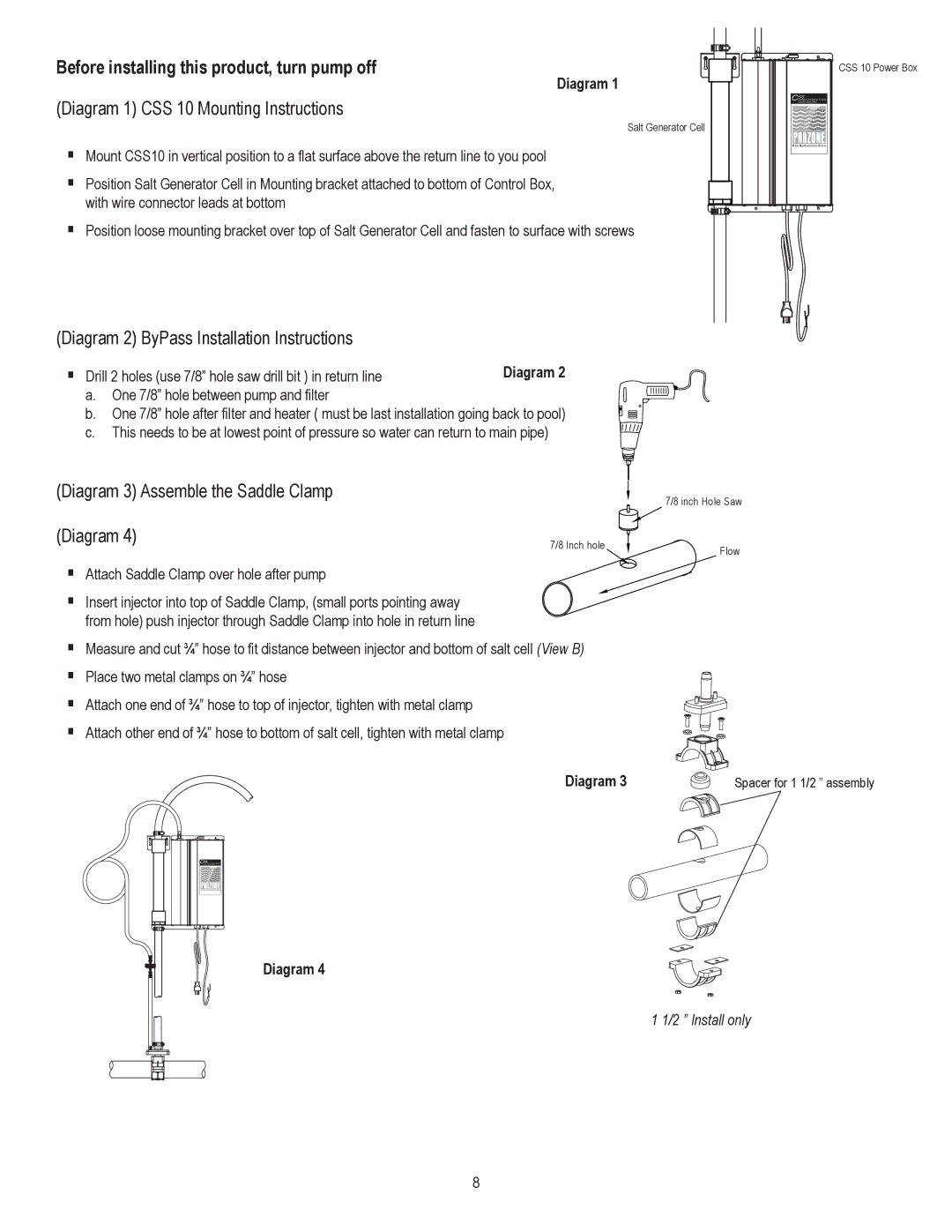 Prozone Pool Products CSS10 owner manual Diagram 1 CSS 10 Mounting Instructions, Diagram 2 ByPass Installation Instructions 