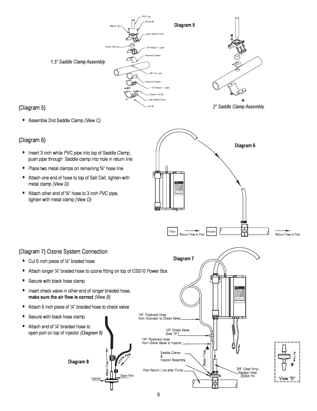 Prozone Pool Products CSS10 Diagram 7 Ozone System Connection, ·metal clamp View D, Secure with black hose clamp 