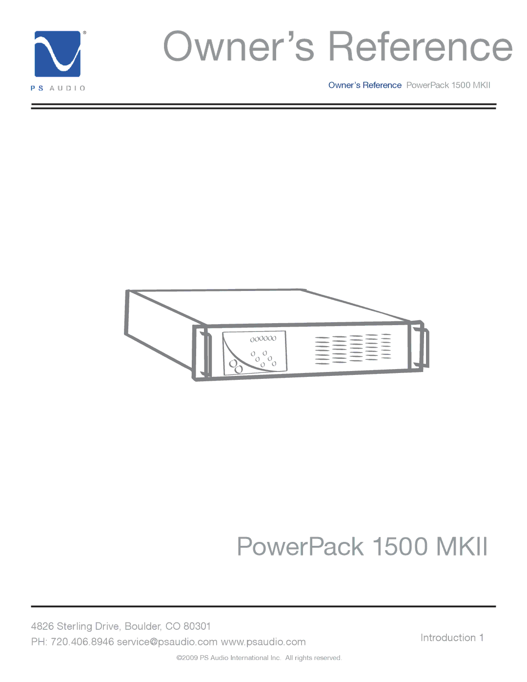 PS Audio 1500 MKII manual Owner’s Reference, Introduction 