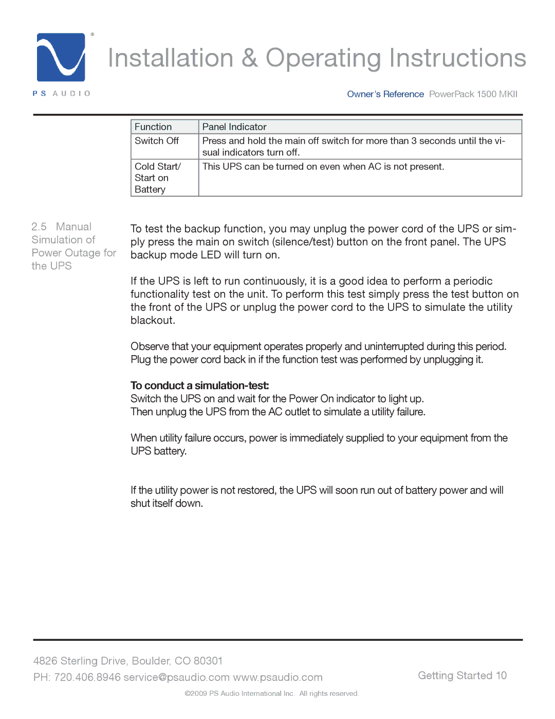 PS Audio 1500 MKII manual Manual Simulation of Power Outage for the UPS, To conduct a simulation-test 