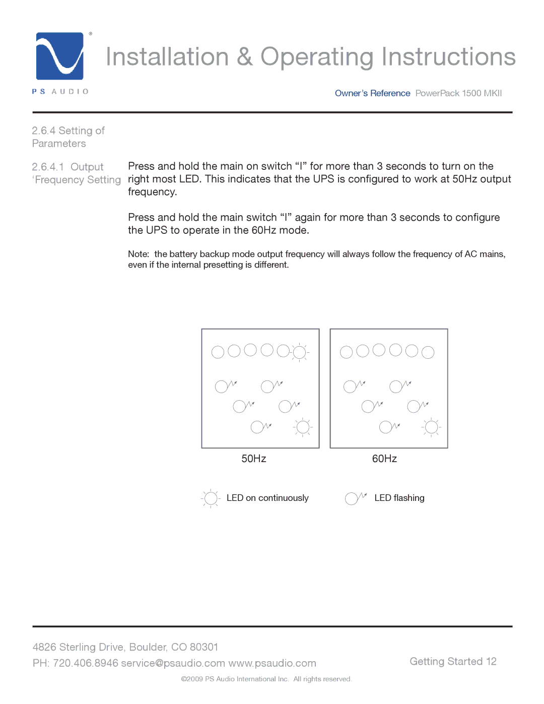 PS Audio 1500 MKII manual Setting Parameters Output ‘Frequency Setting 