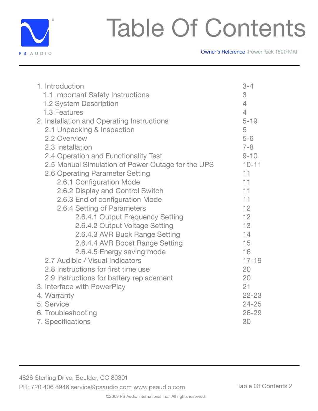 PS Audio 1500 MKII manual Table Of Contents 