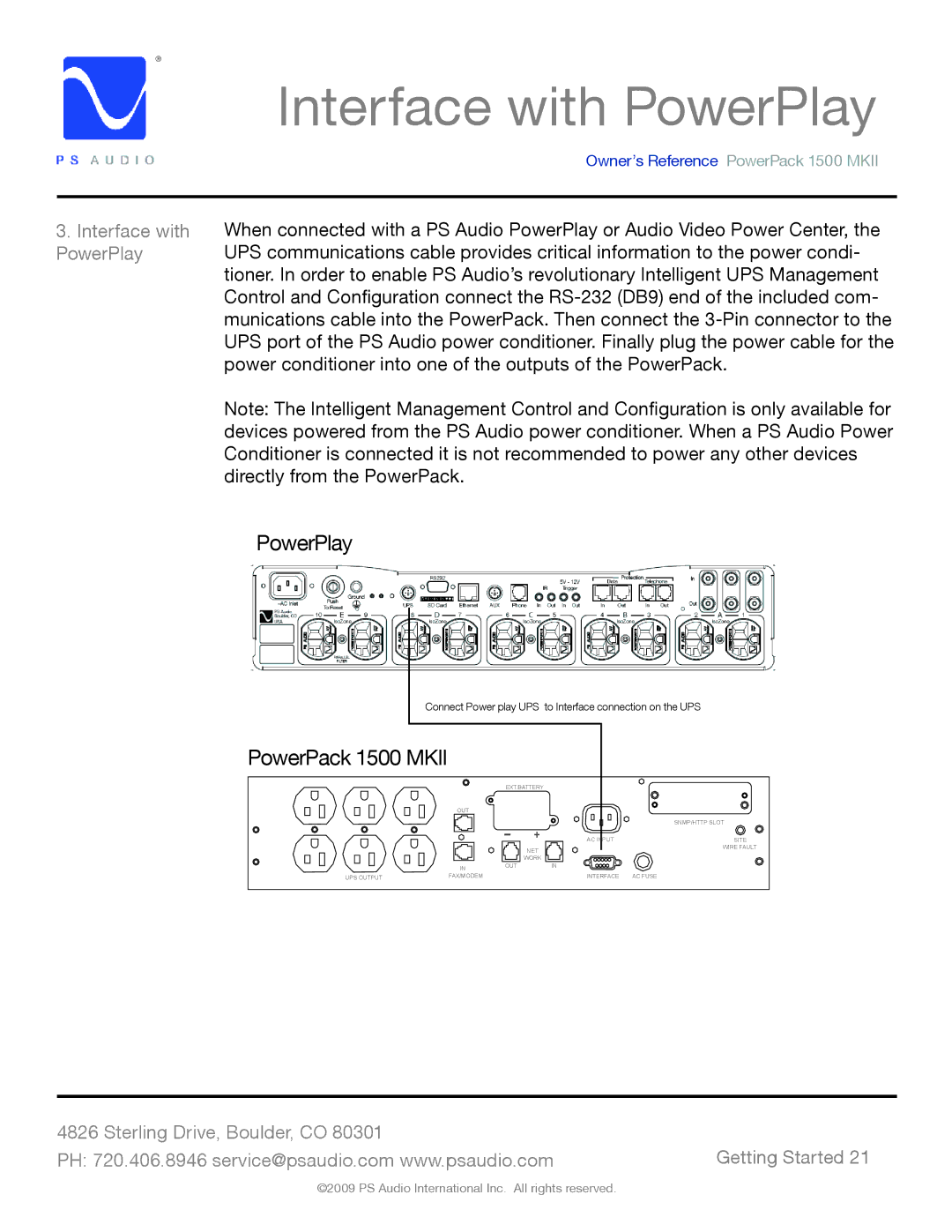 PS Audio 1500 MKII manual Interface with PowerPlay 