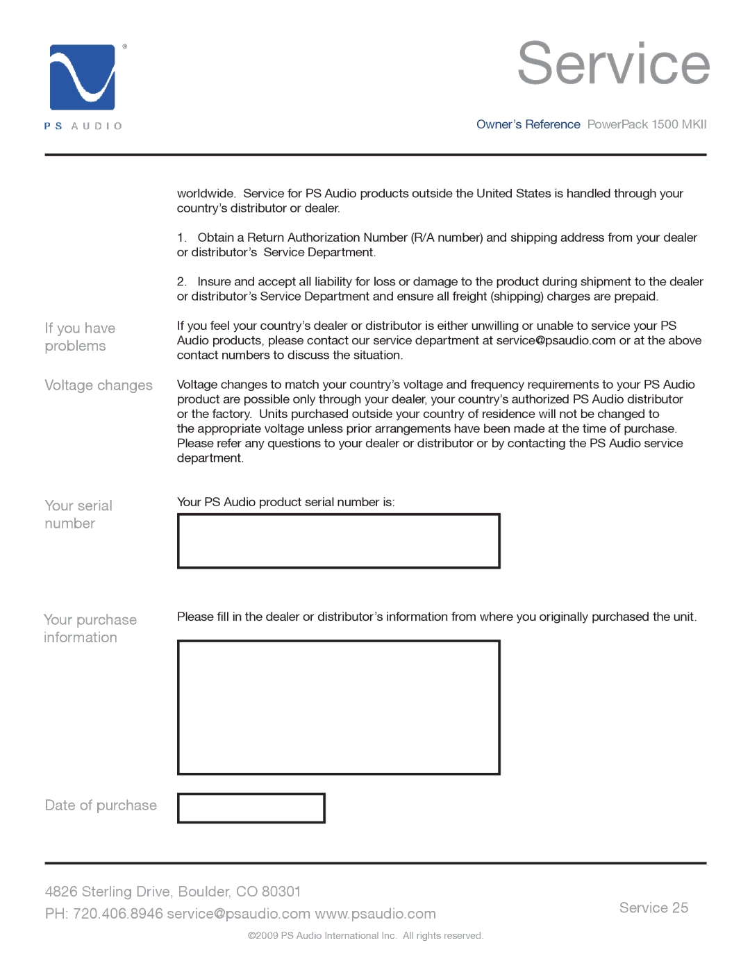 PS Audio 1500 MKII manual Service, If you have problems Voltage changes, Your serial, Number Your purchase information 