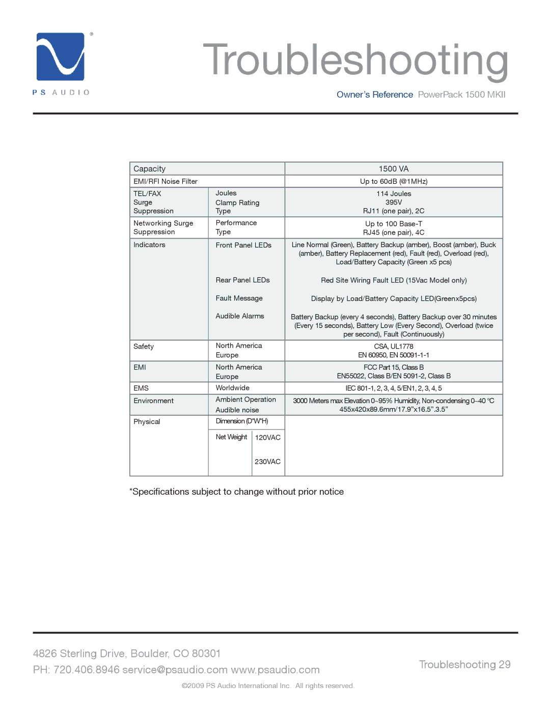 PS Audio 1500 MKII manual Specifications subject to change without prior notice 