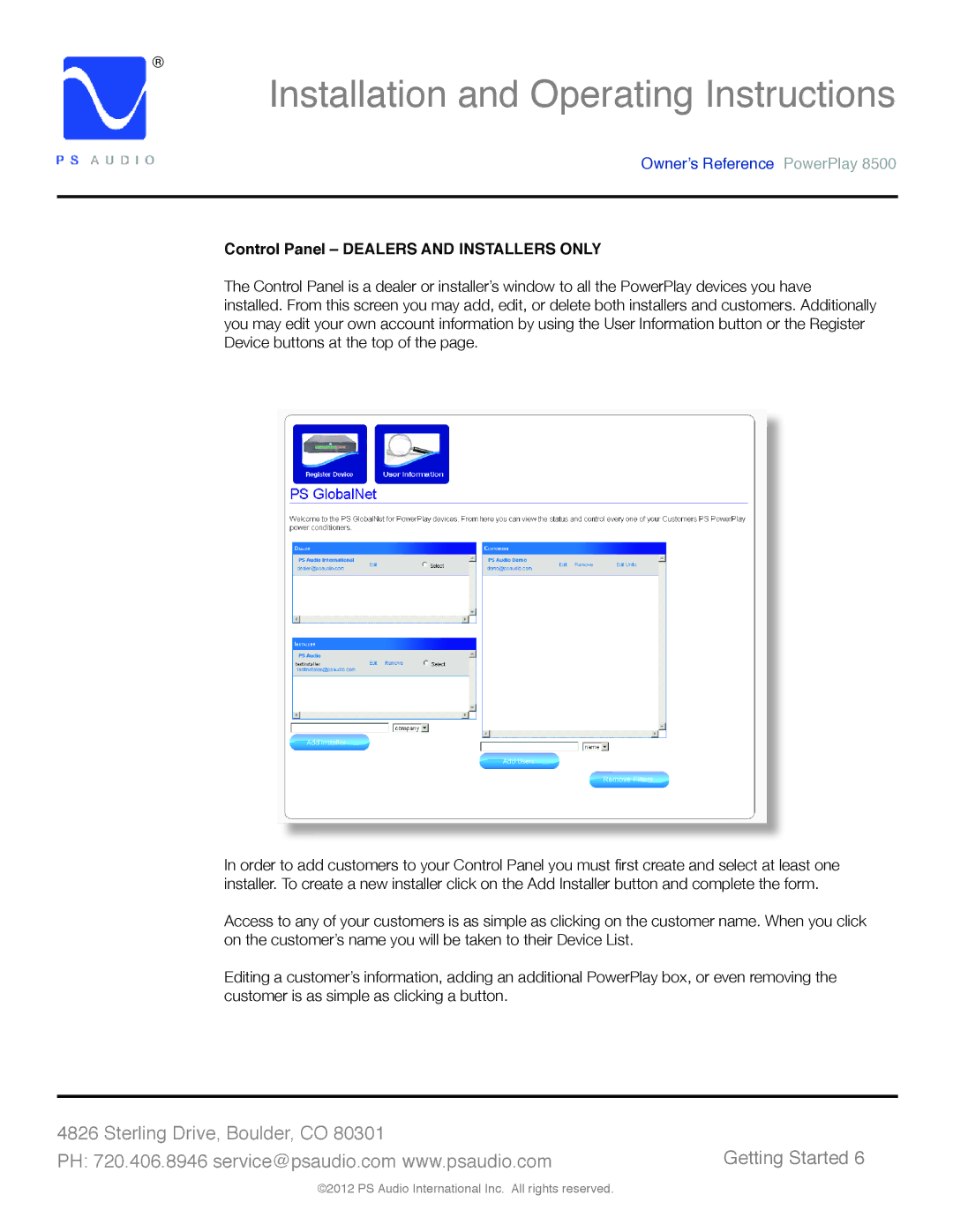 PS Audio 8500 manual Control Panel Dealers and Installers only 