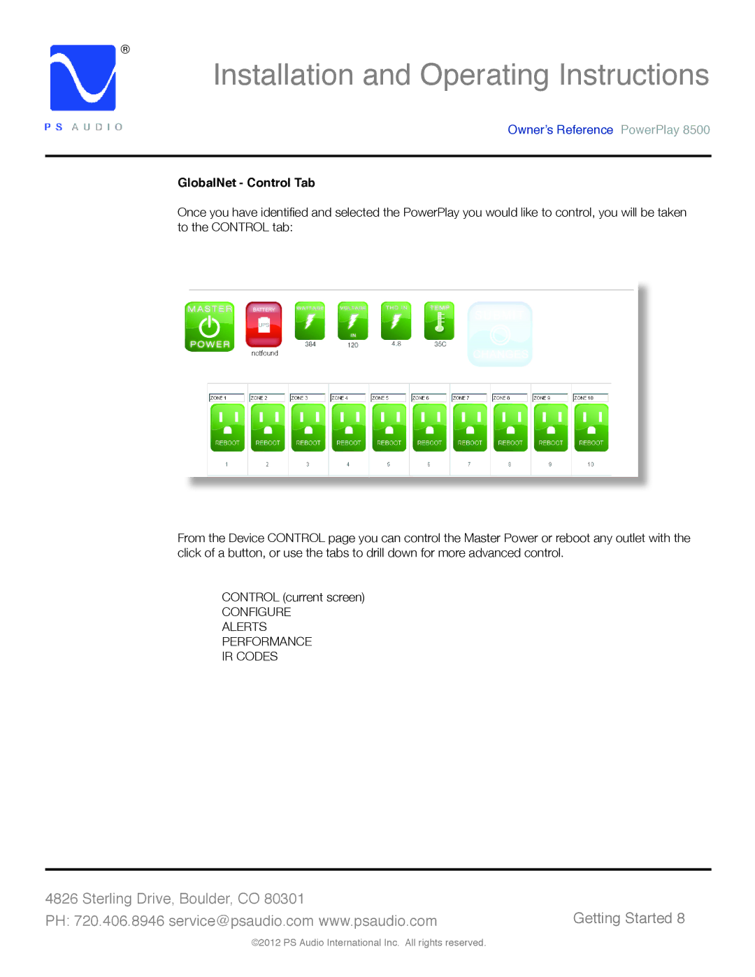 PS Audio 8500 manual GlobalNet Control Tab 