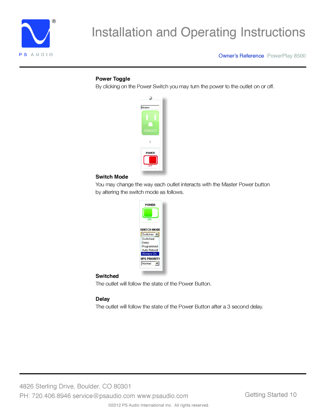 PS Audio 8500 manual Power Toggle, Switch Mode, Switched, Delay 