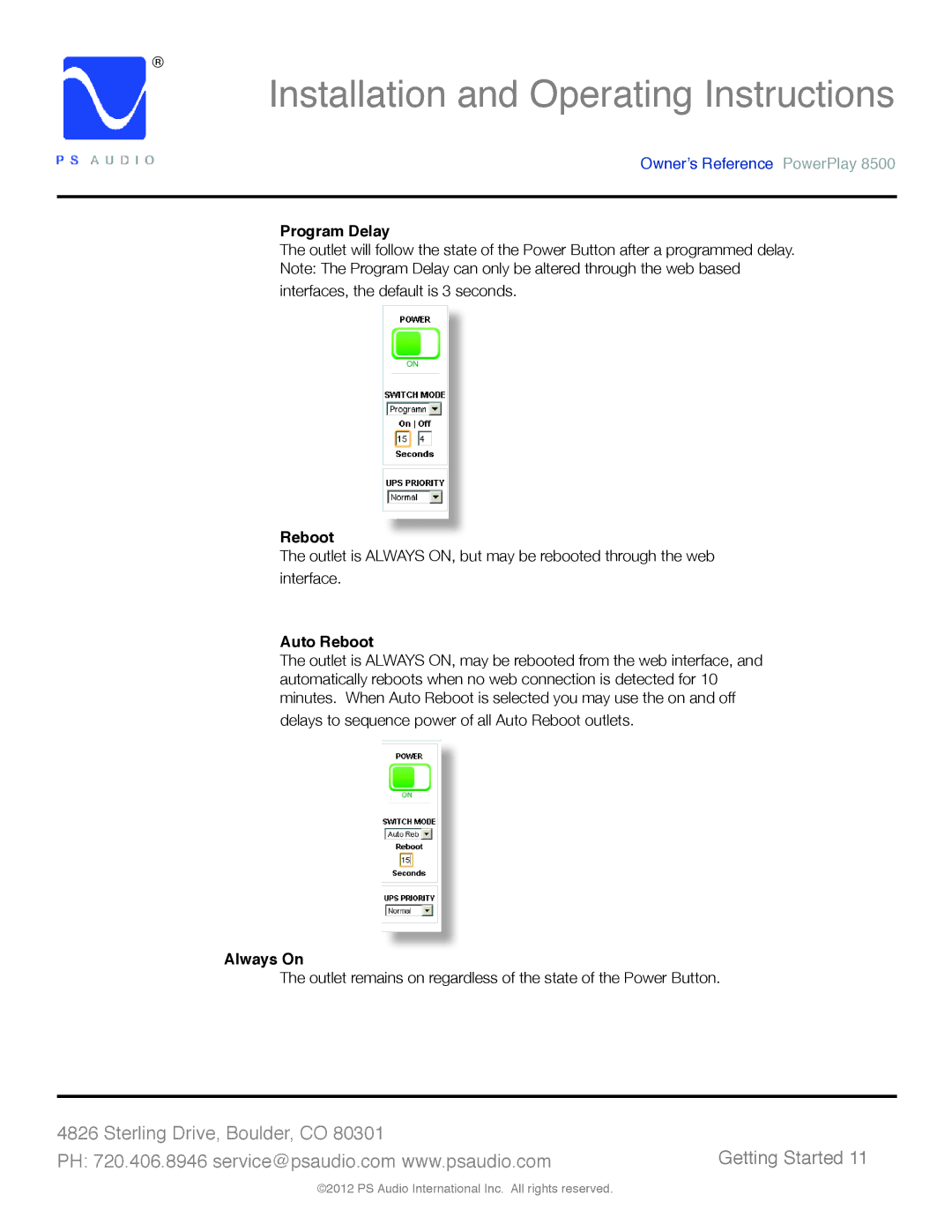 PS Audio 8500 manual Program Delay, Reboot, Always On 