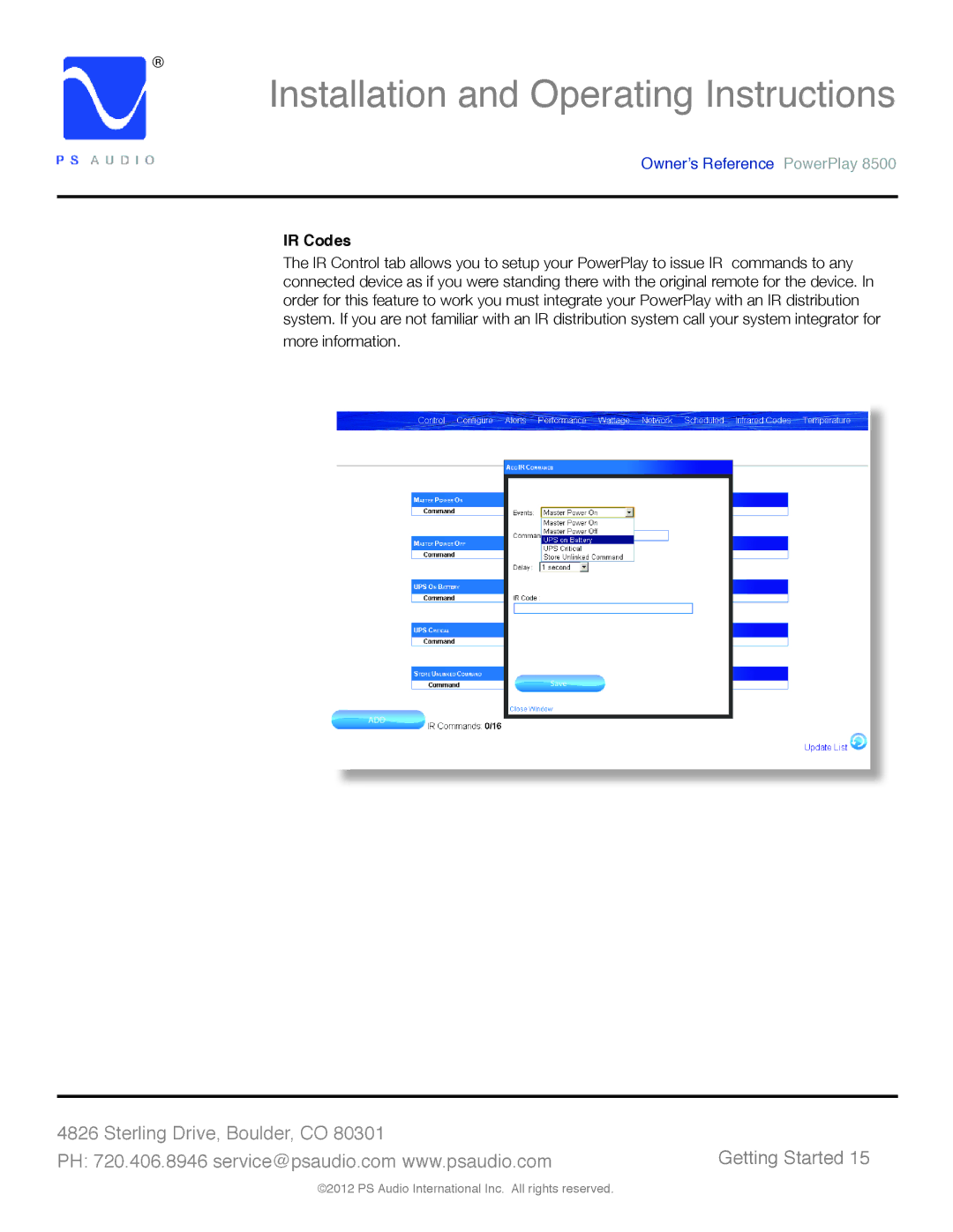 PS Audio 8500 manual IR Codes 