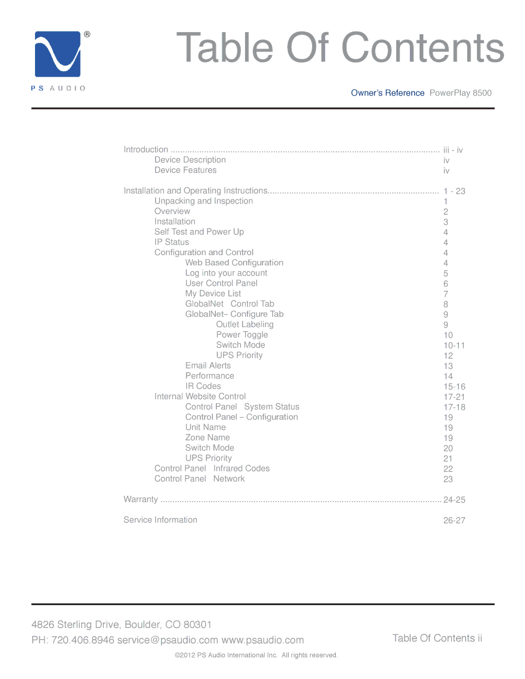 PS Audio 8500 manual Table Of Contents 