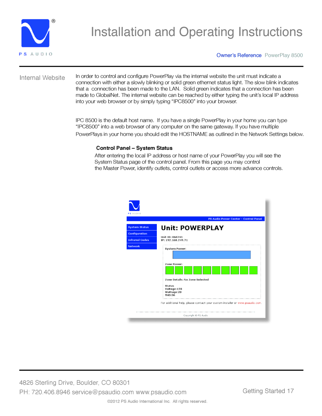 PS Audio 8500 manual Internal Website, Control Panel System Status 