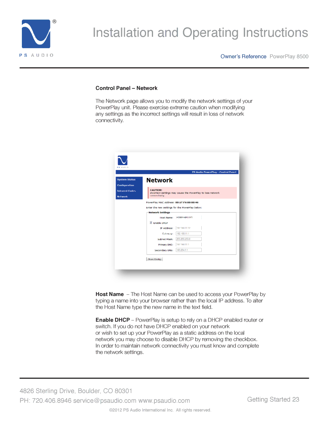 PS Audio 8500 manual Control Panel Network 