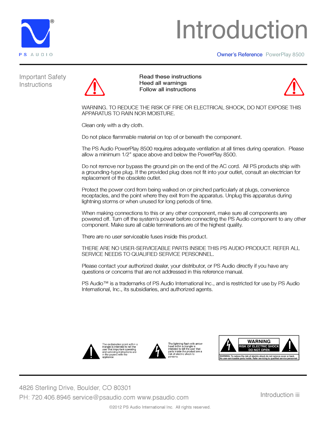 PS Audio 8500 manual Introduction, Important Safety Instructions 