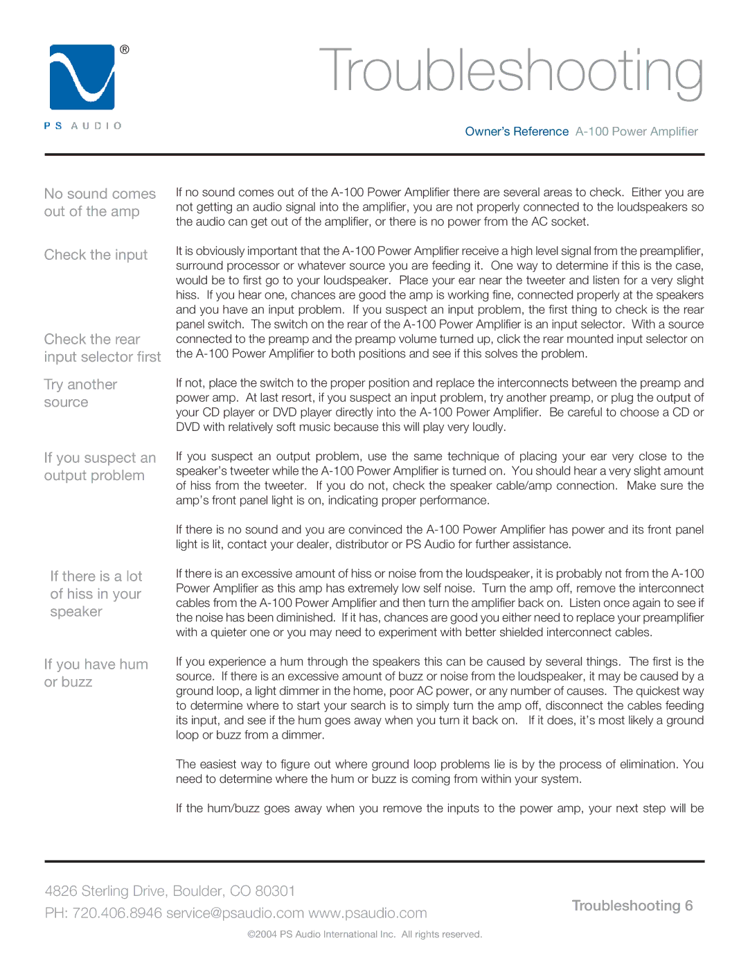 PS Audio A-100 manual Troubleshooting 