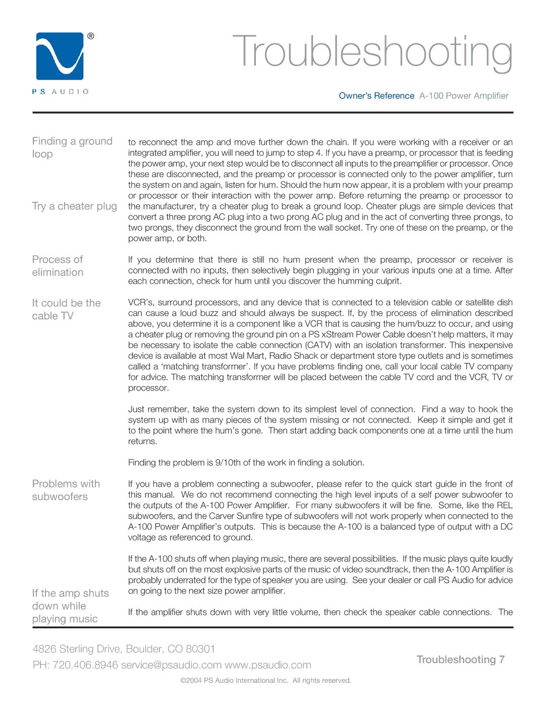 PS Audio A-100 manual Finding a ground loop Try a cheater plug 