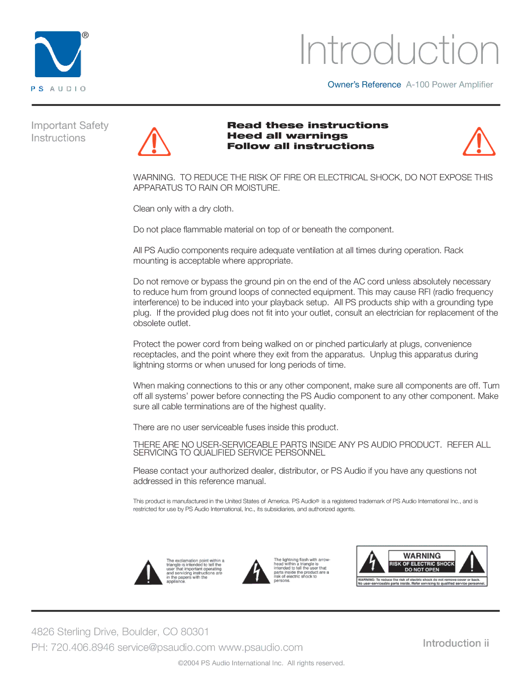 PS Audio A-100 manual Introduction, Important Safety Instructions 