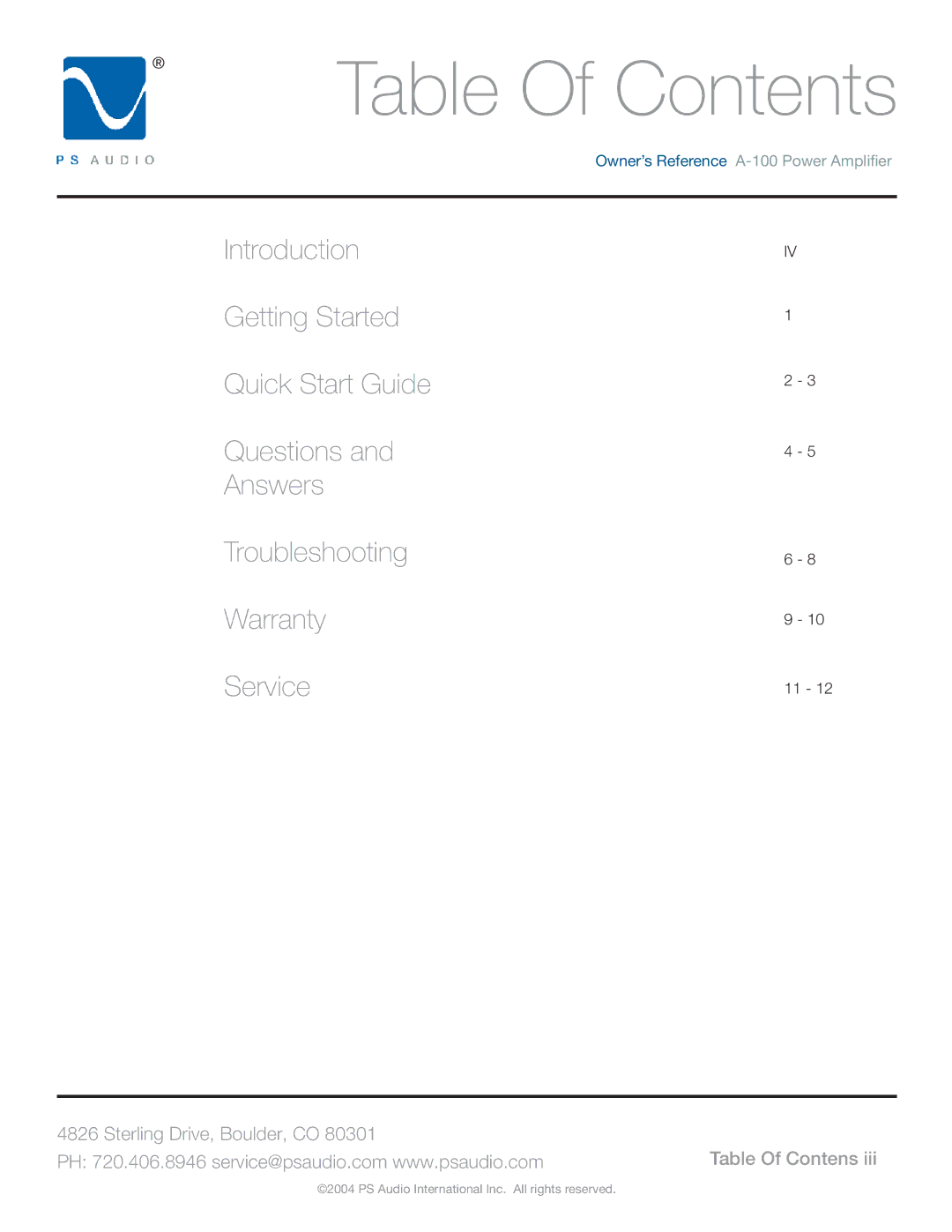 PS Audio A-100 manual Table Of Contents 