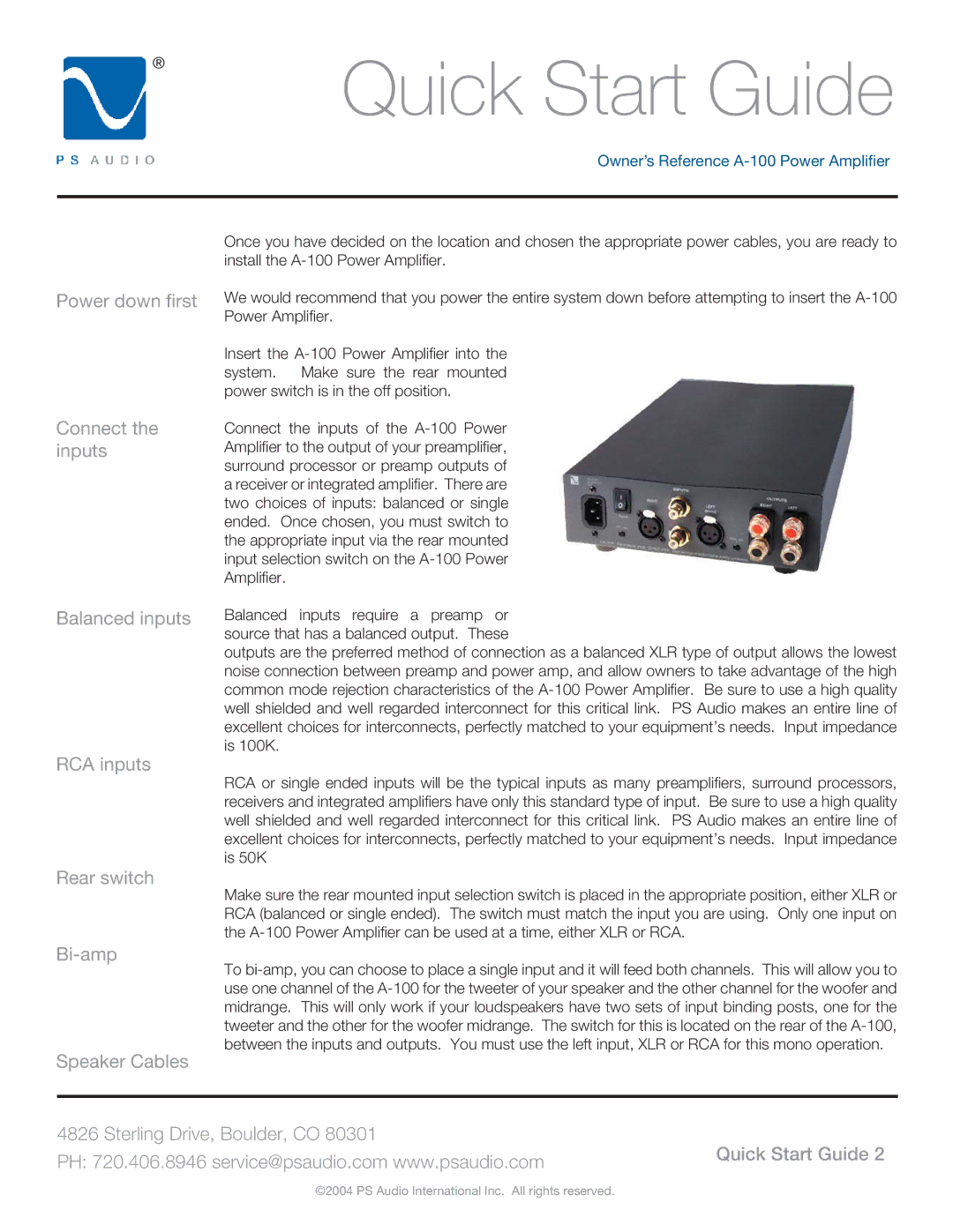 PS Audio A-100 manual Quick Start Guide 