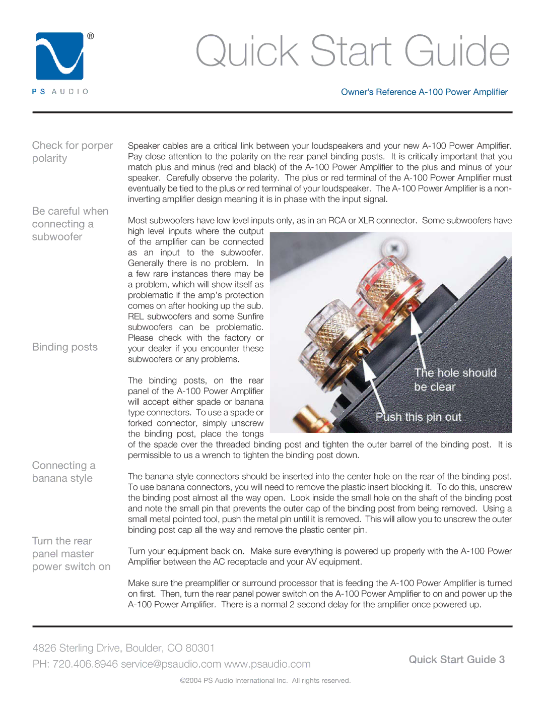 PS Audio A-100 manual Check for porper polarity 