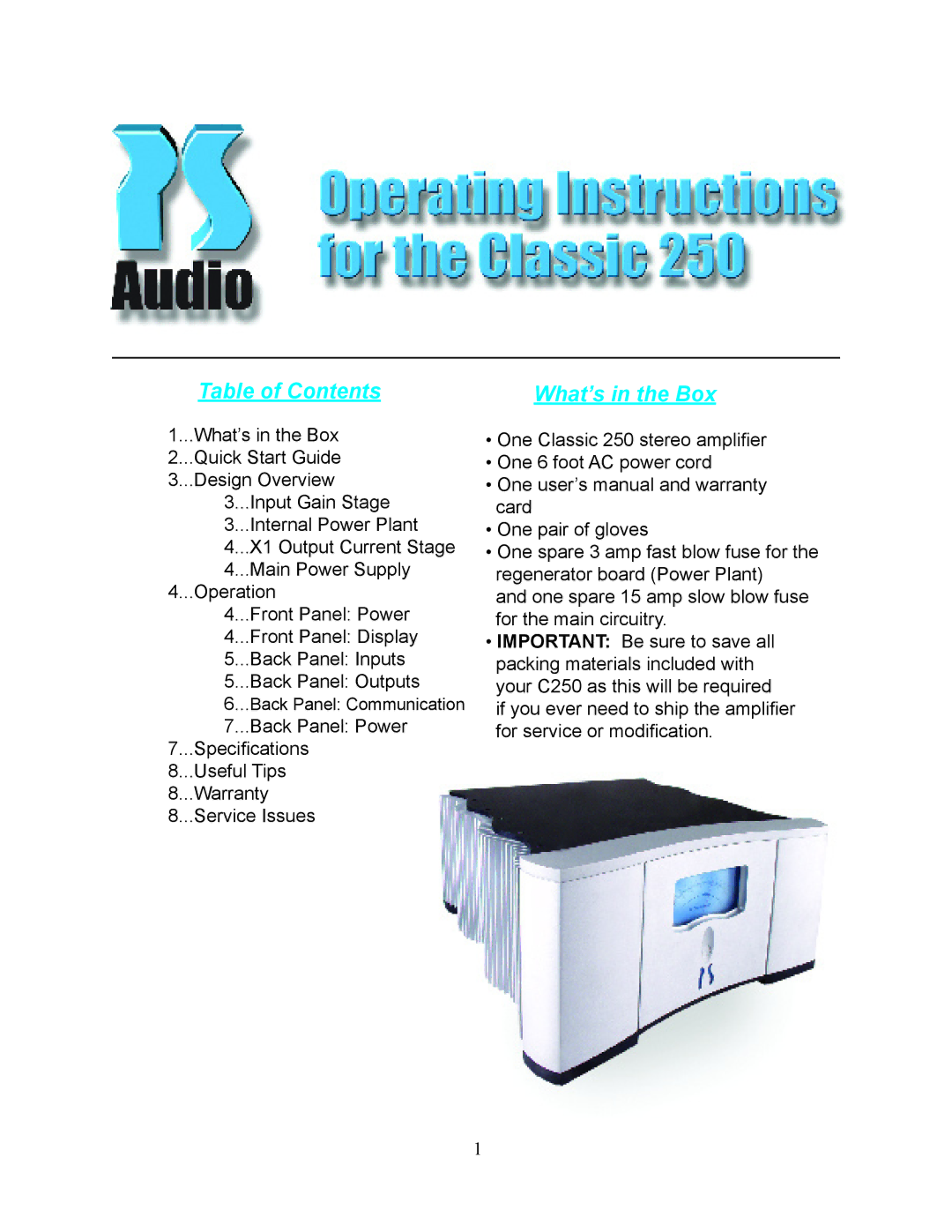 PS Audio C250 quick start Table of Contents 