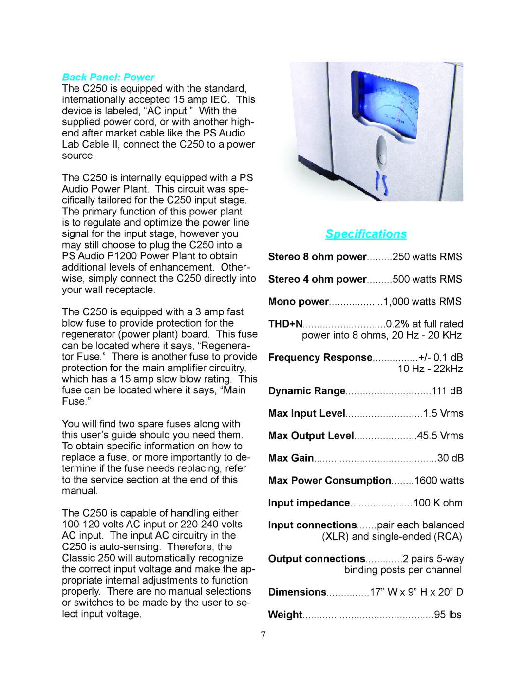 PS Audio C250 quick start Specifications, Back Panel Power 