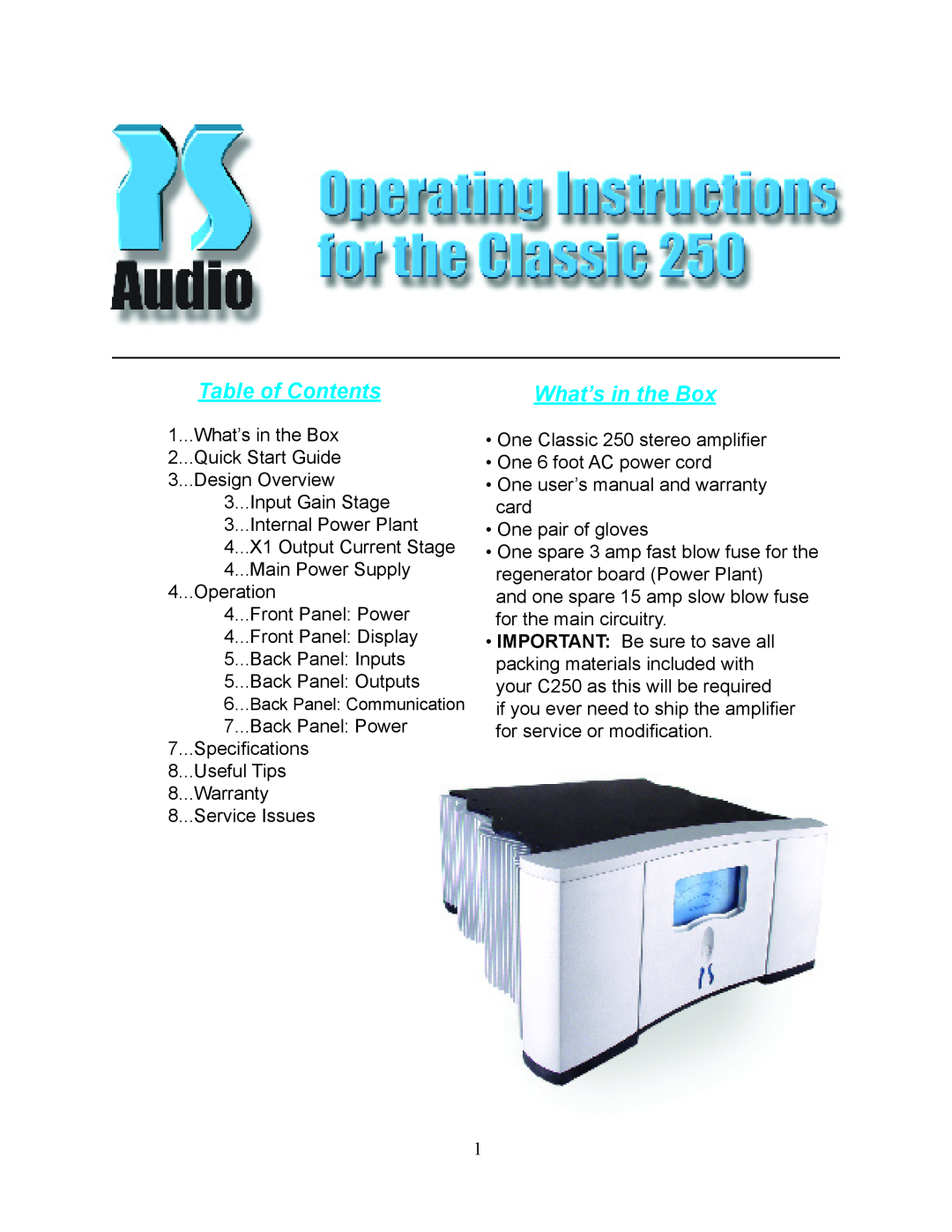 PS Audio C250 quick start Table of Contents, What’s in the Box 