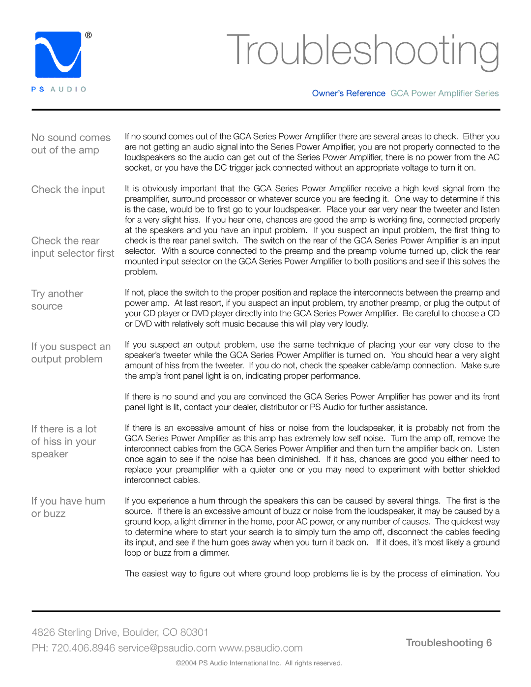 PS Audio GCA-250, GCA-500, GCA-100 manual Troubleshooting 