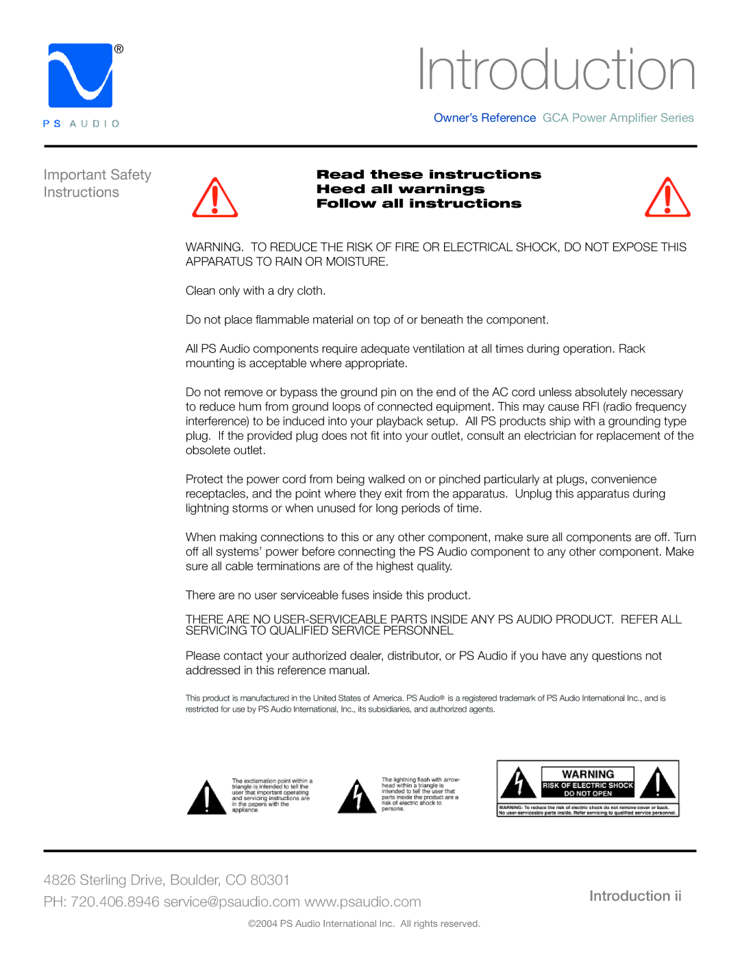 PS Audio GCA-100, GCA-500, GCA-250 manual Introduction, Important Safety Instructions 