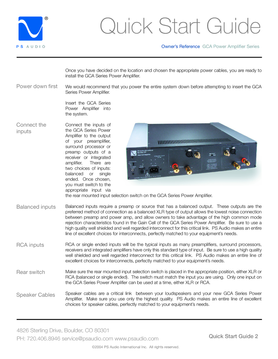 PS Audio GCA-500, GCA-250, GCA-100 manual Quick Start Guide 