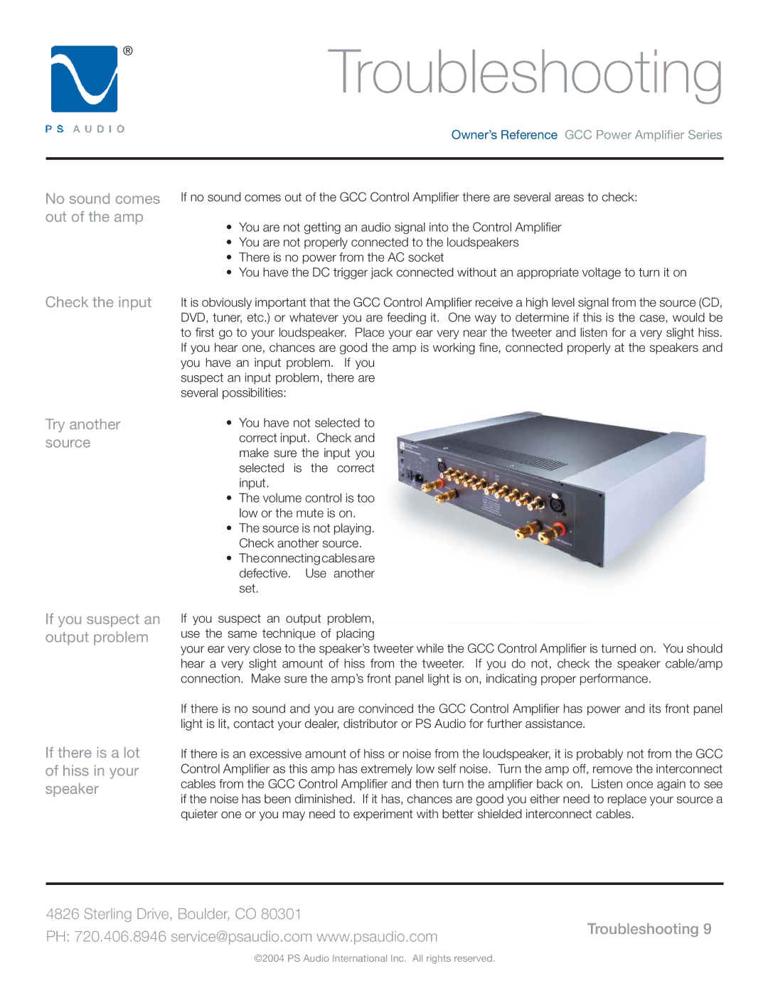 PS Audio GCC-250 manual Troubleshooting 