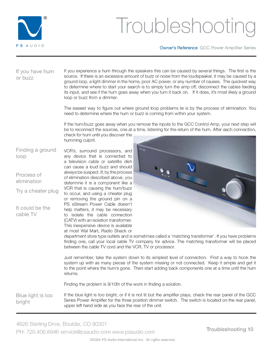 PS Audio GCC-250 manual Troubleshooting 