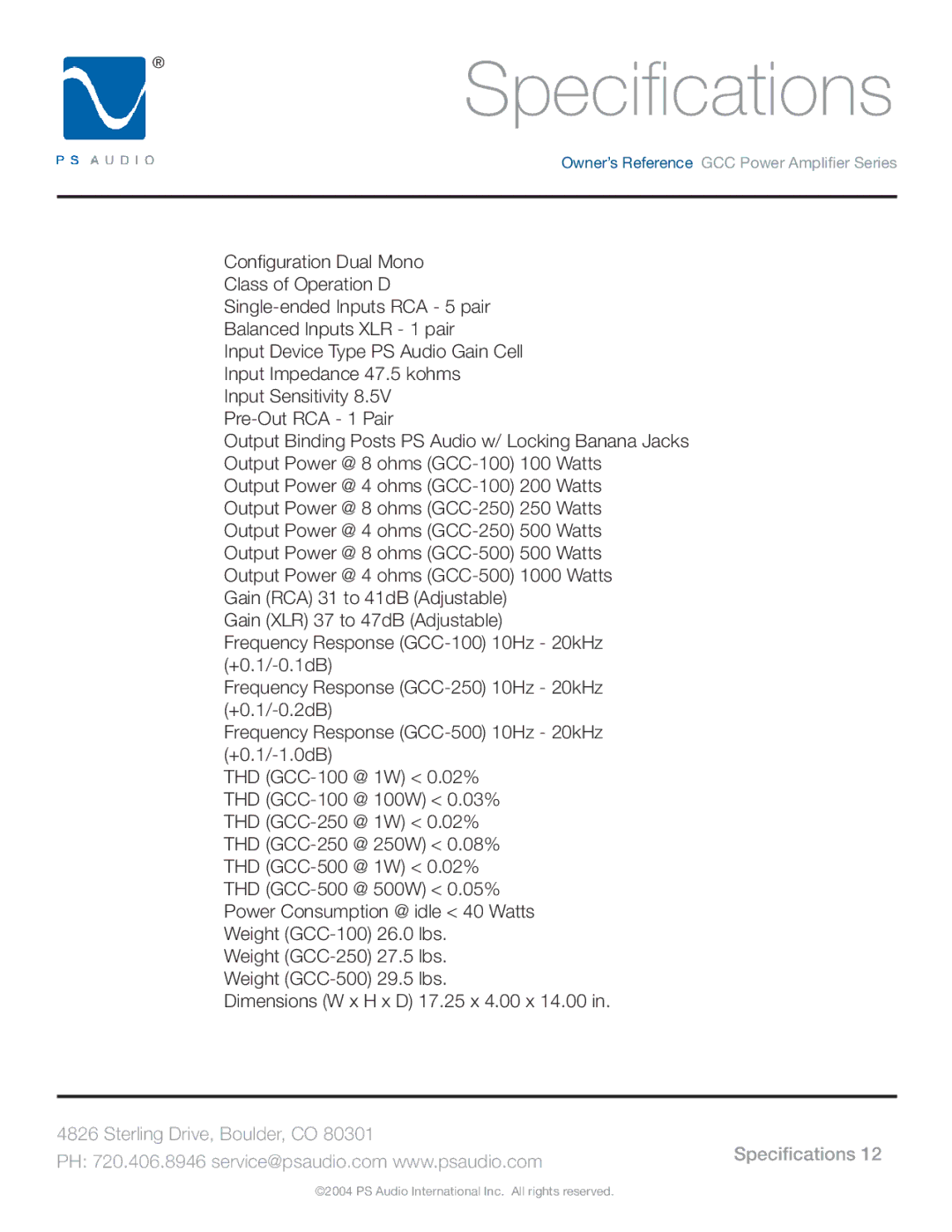 PS Audio GCC-250 manual Speciﬁ cations, Speciﬁcations 