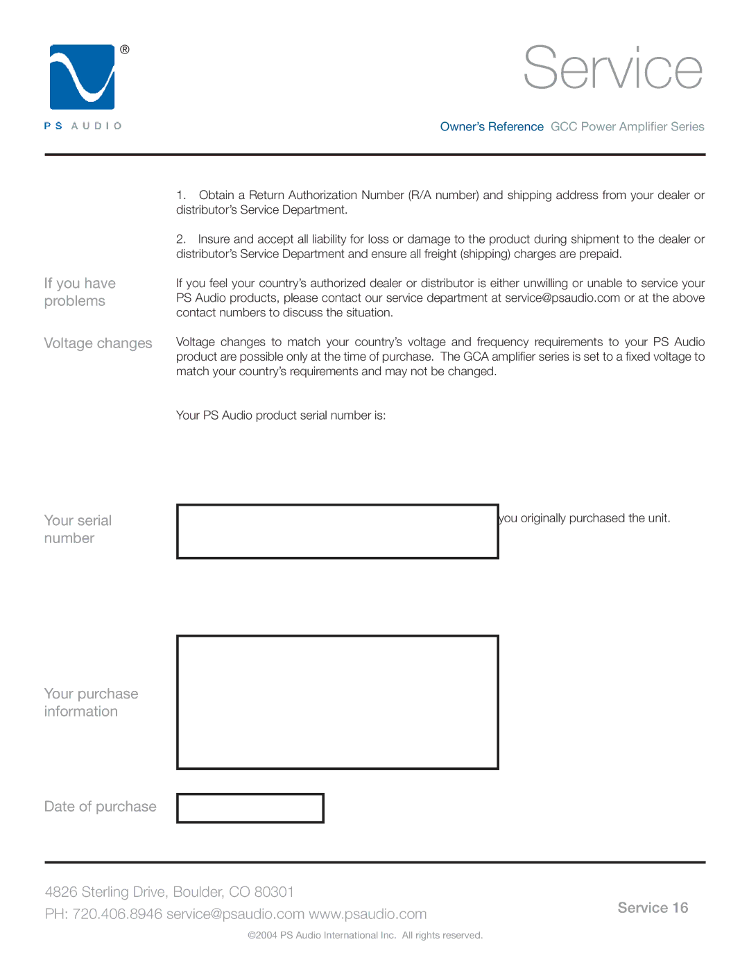 PS Audio GCC-250 manual Service 