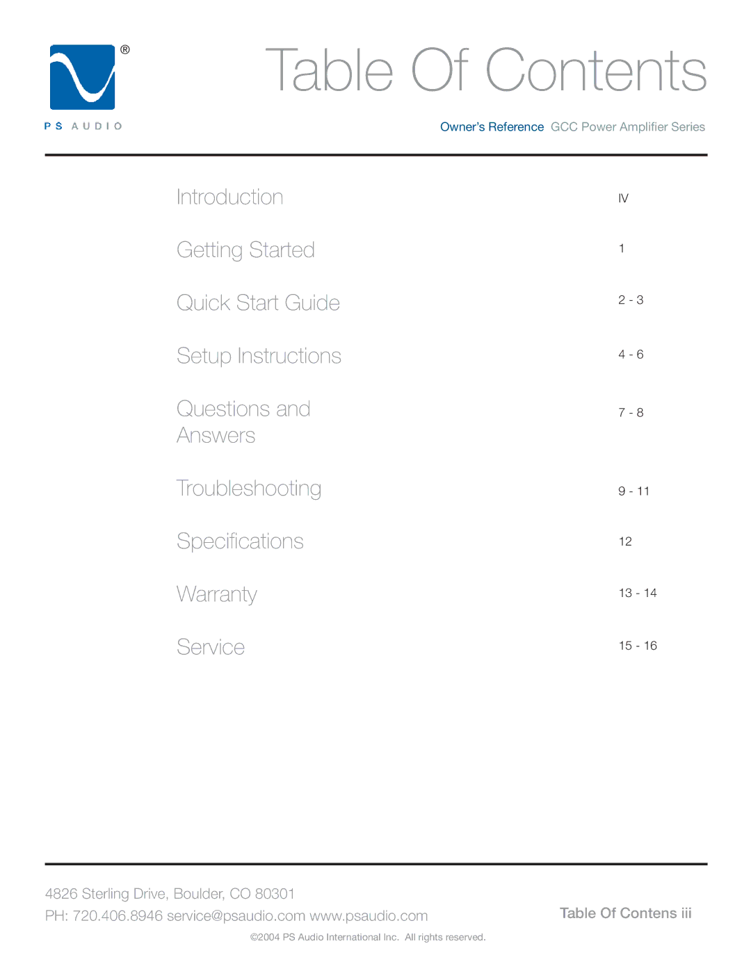 PS Audio GCC-250 manual Table Of Contents 