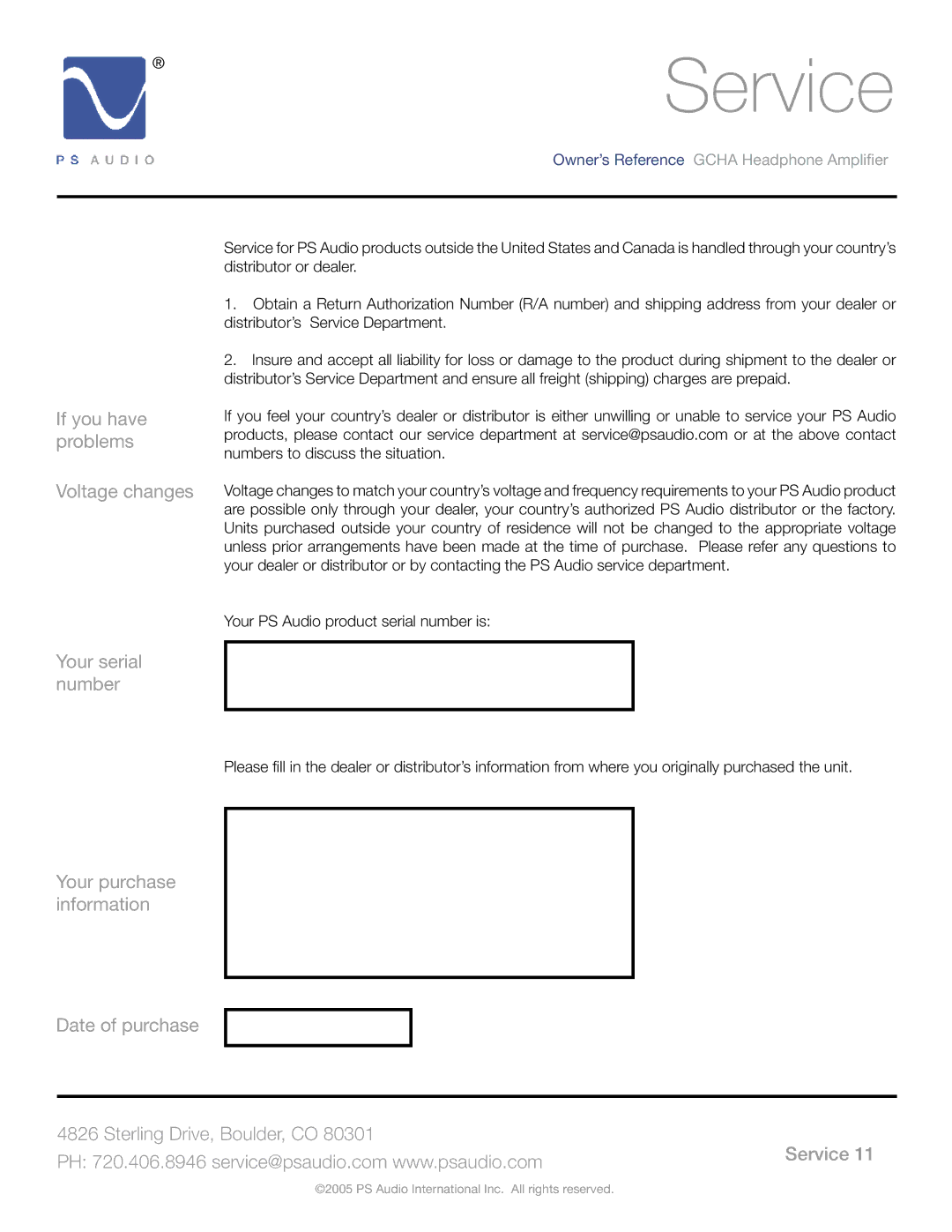 PS Audio GCHA manual Service 