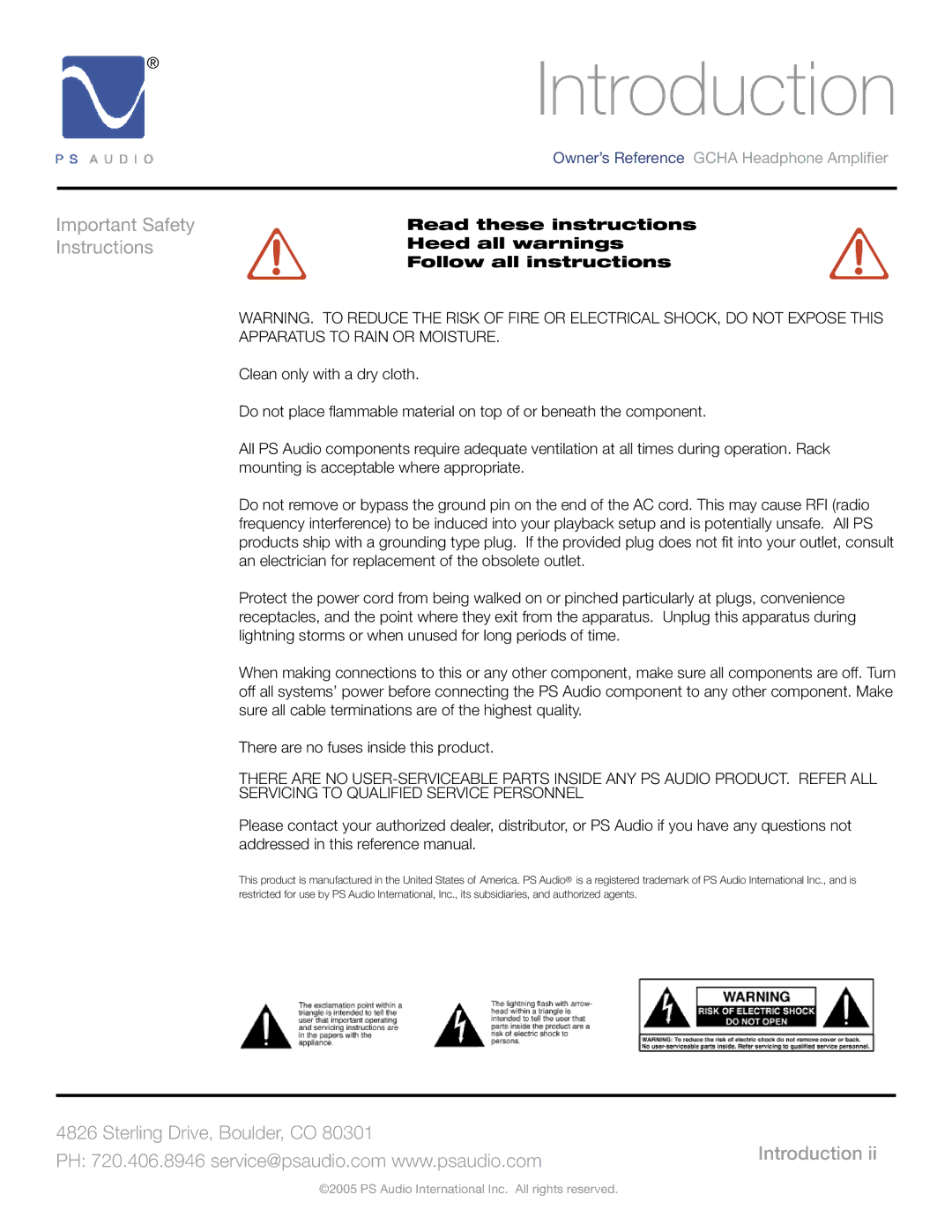 PS Audio GCHA manual Introduction, Important Safety Instructions 