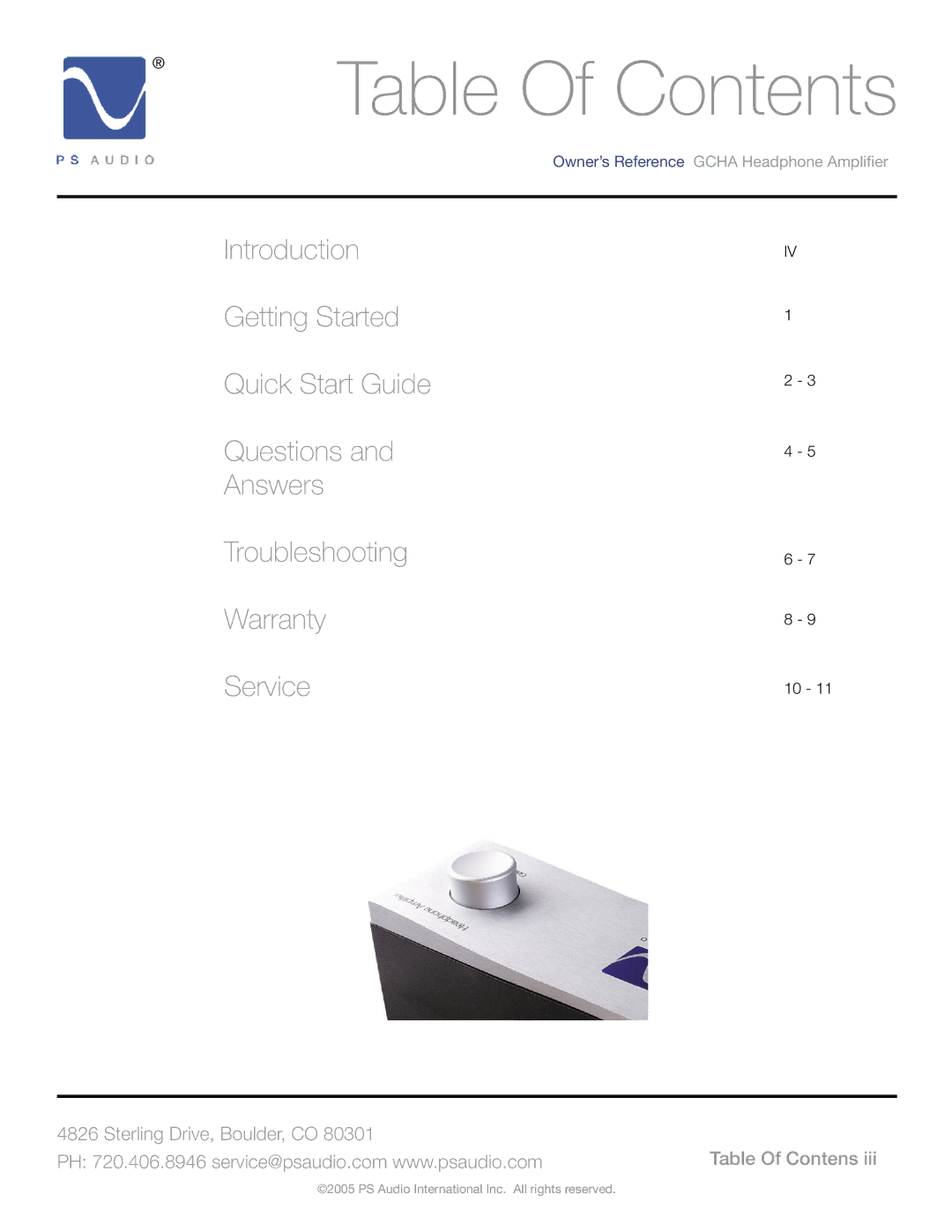 PS Audio GCHA manual Table Of Contents 