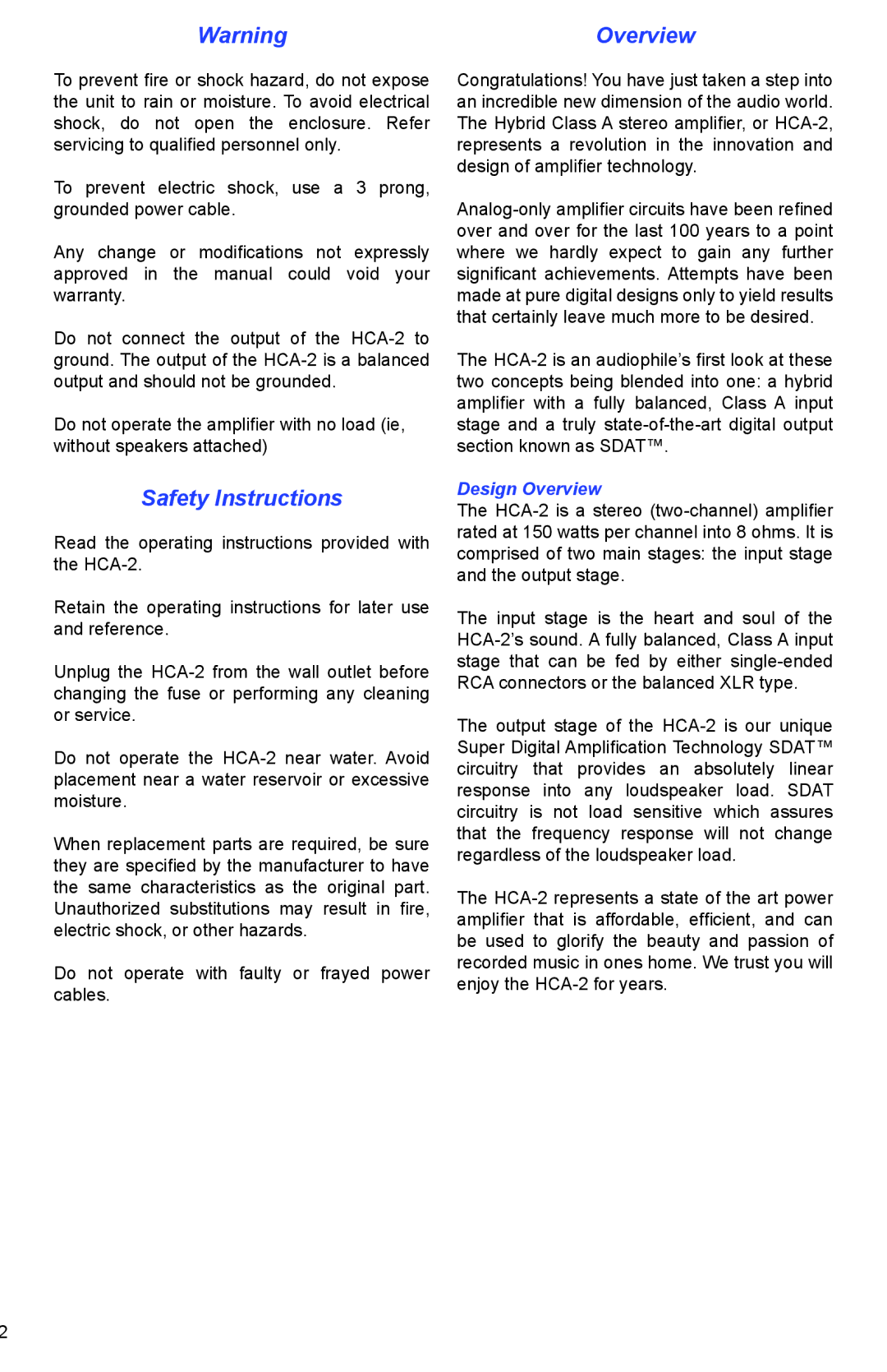 PS Audio HCA-2 setup guide Safety Instructions, Design Overview 