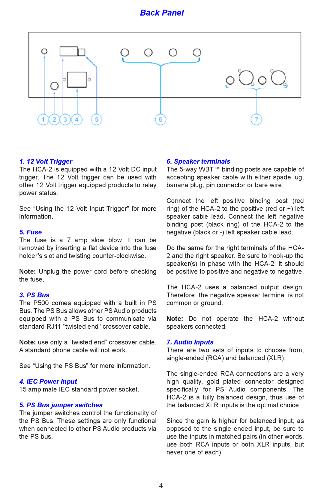 PS Audio HCA-2 setup guide Back Panel 