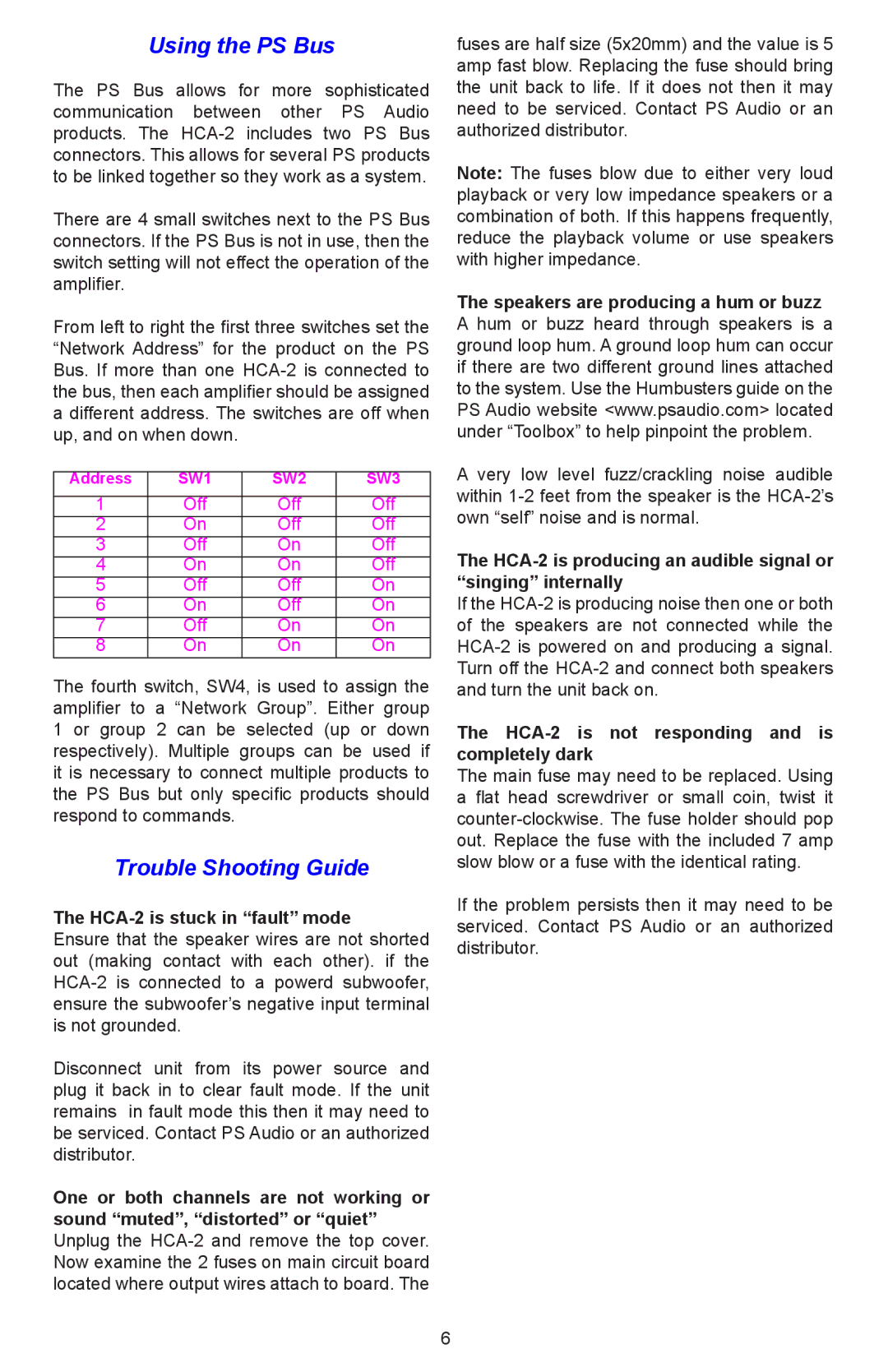 PS Audio setup guide Using the PS Bus, Trouble Shooting Guide, HCA-2 is stuck in fault mode 