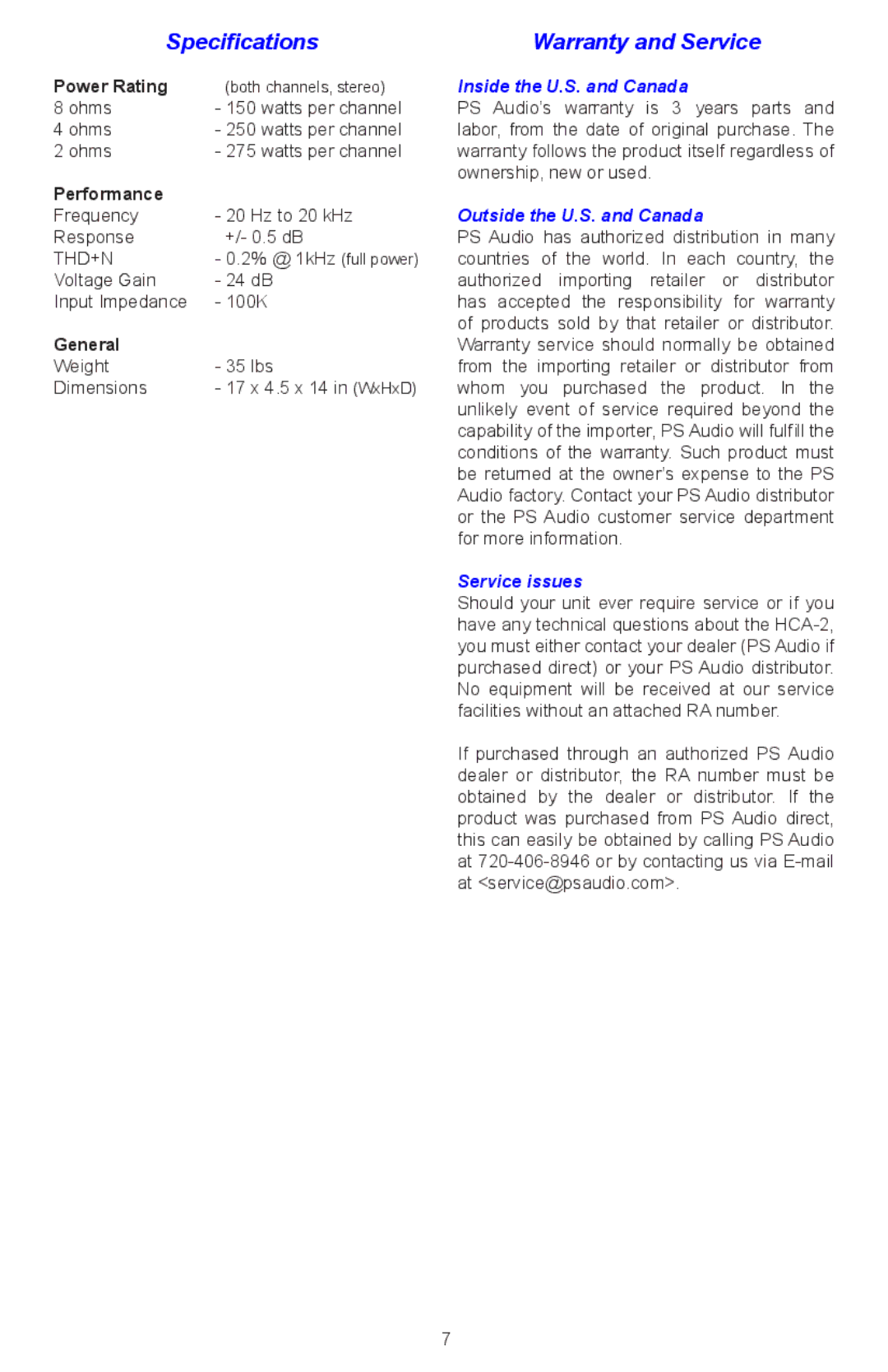 PS Audio HCA-2 setup guide Specifications, Warranty and Service, Inside the U.S. and Canada, Outside the U.S. and Canada 