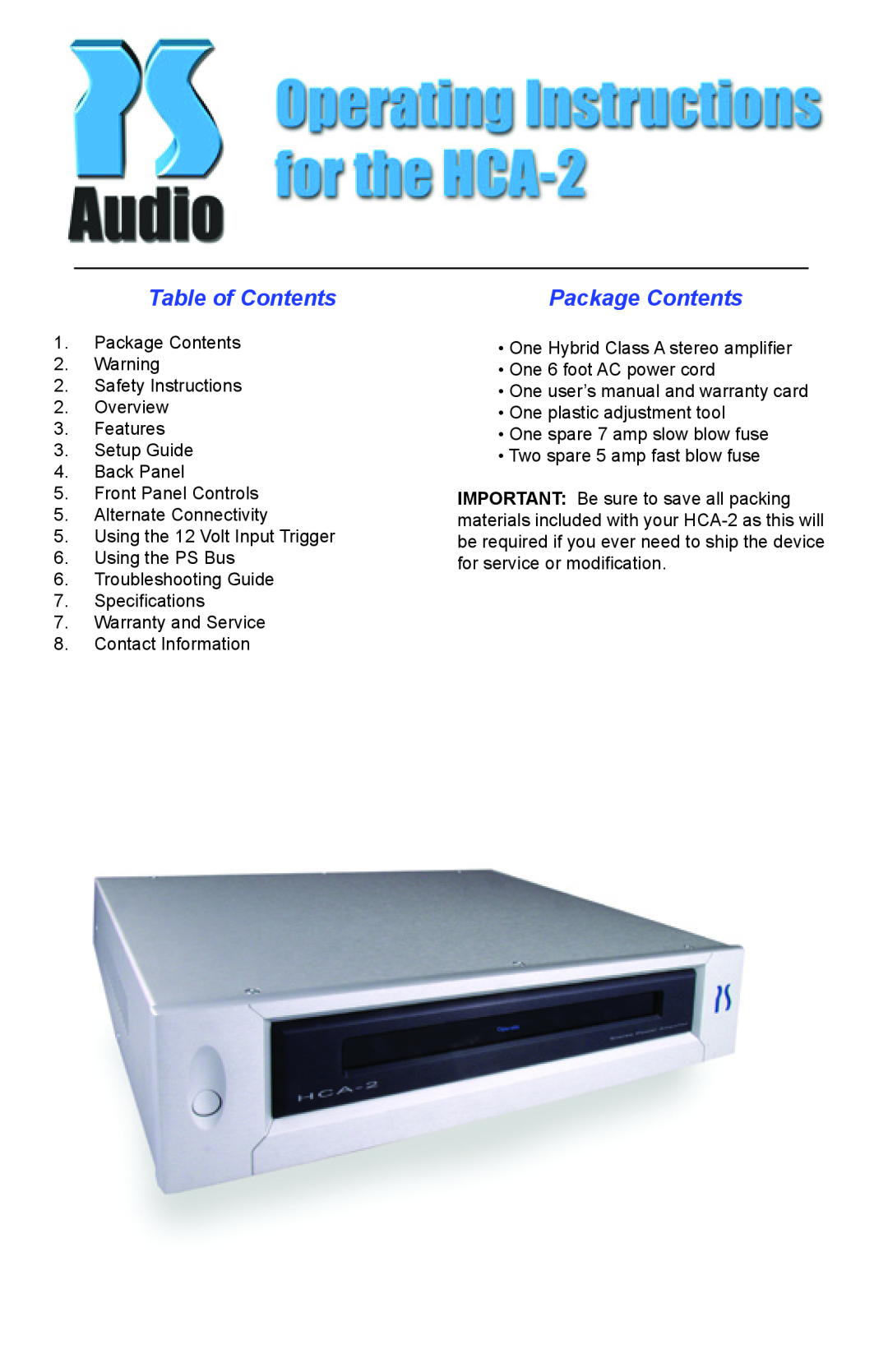 PS Audio HCA-2 setup guide Table of Contents, Package Contents 