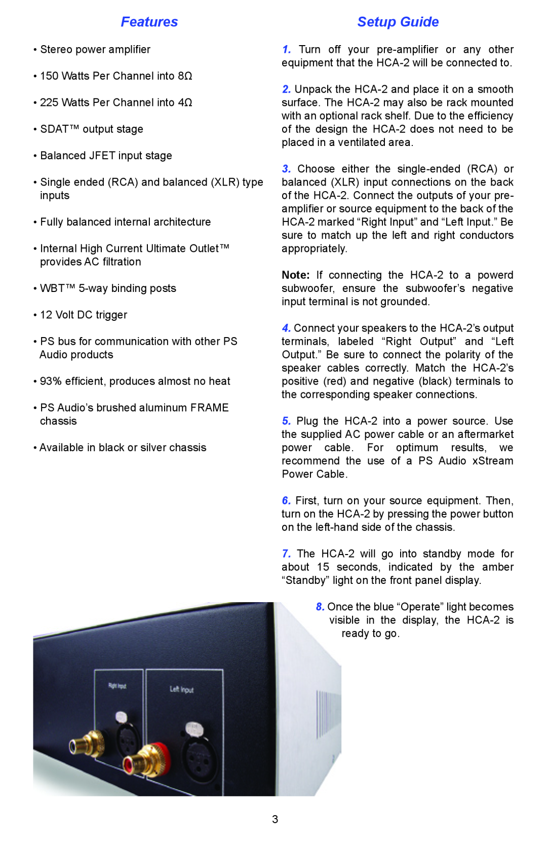 PS Audio HCA-2 setup guide Features, Setup Guide 