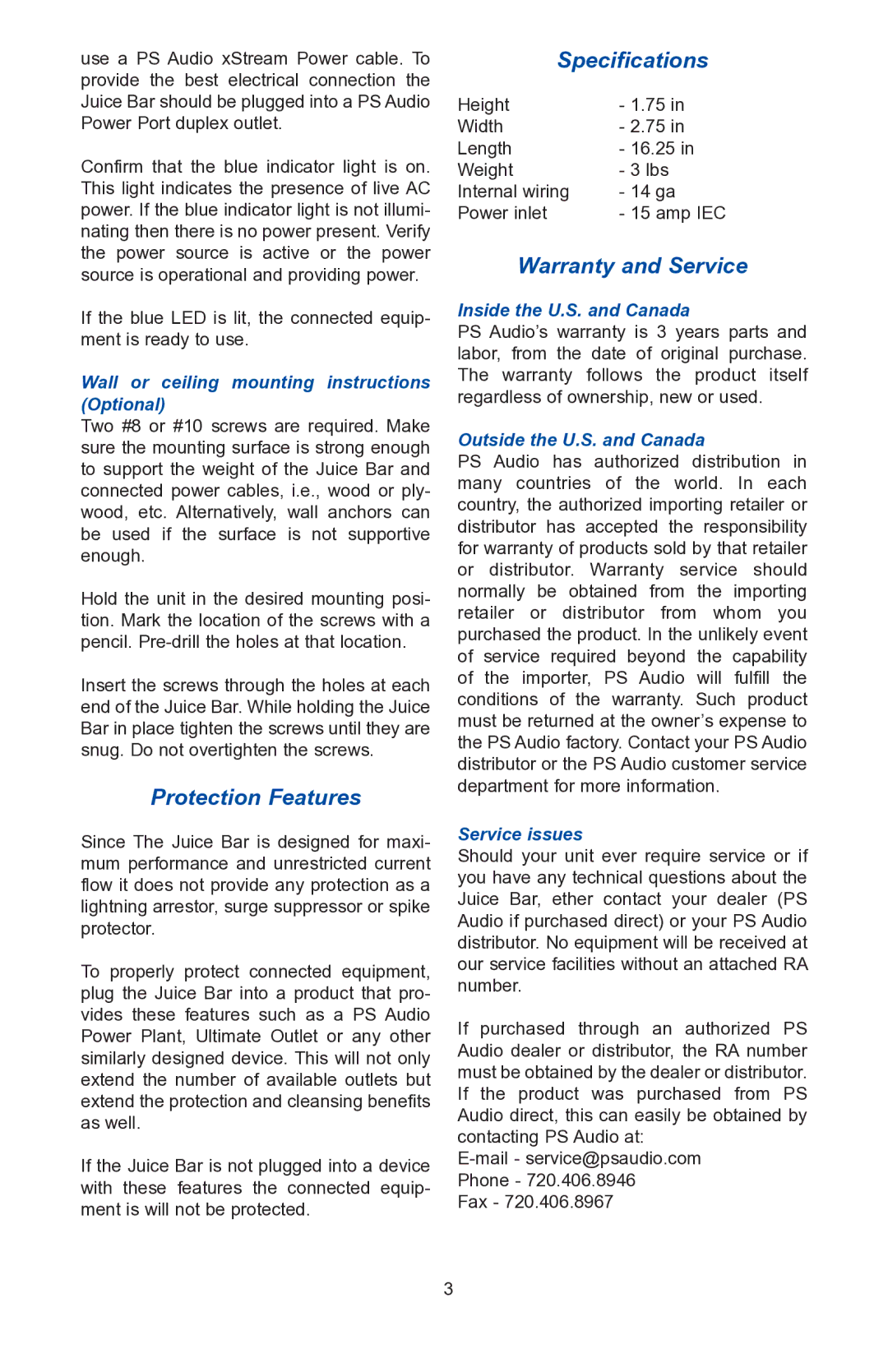 PS Audio Juice Bar installation instructions Protection Features, Specifications, Warranty and Service 