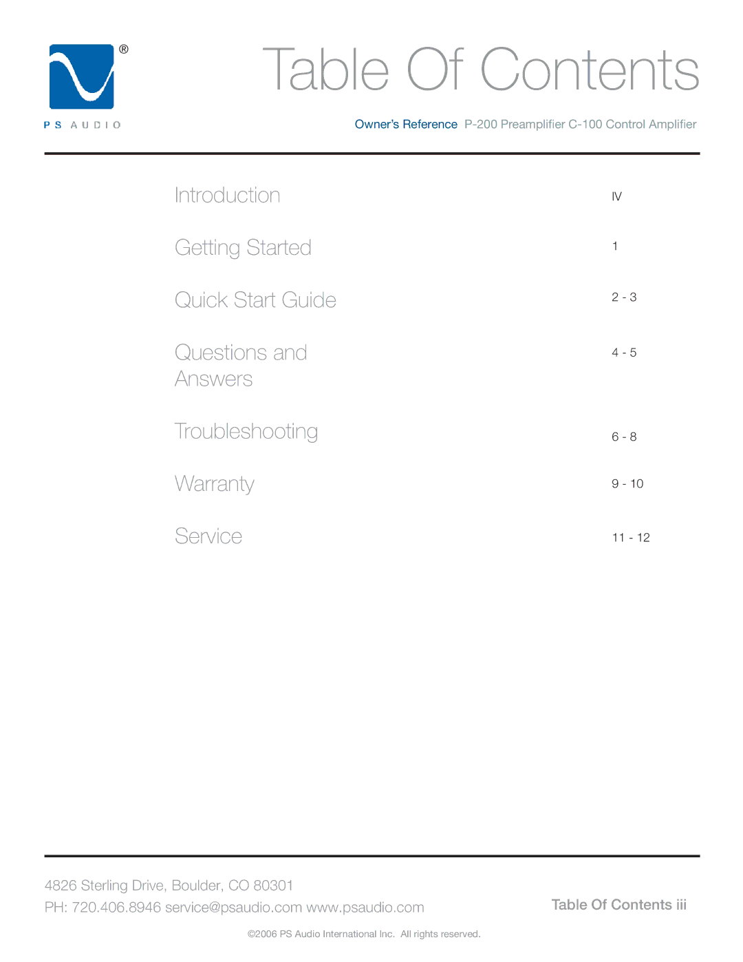 PS Audio C-100, P-200 manual Table Of Contents 